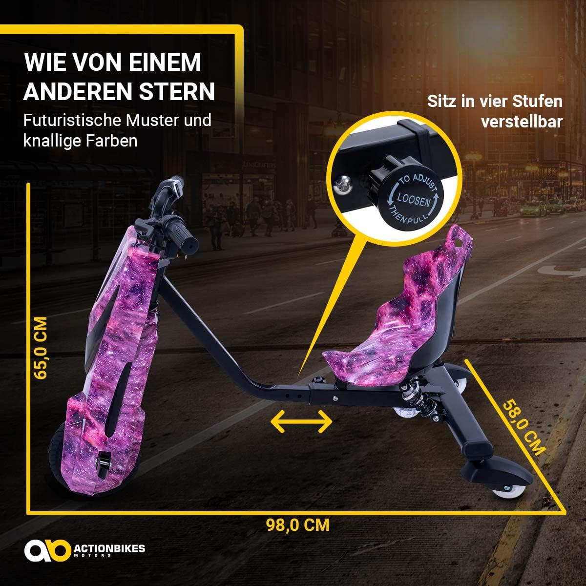 Actionbikes Motors Kinder Elektro Driftscooter | 𝟐𝟓𝟎 Watt Motor - Drift Cart 360°- 3 Geschwindigkeitsstufen - LED-Beleuchtung - Sitz verstellbar - Bluetooth - Drift Kart - Drift Auto (Space Purple)