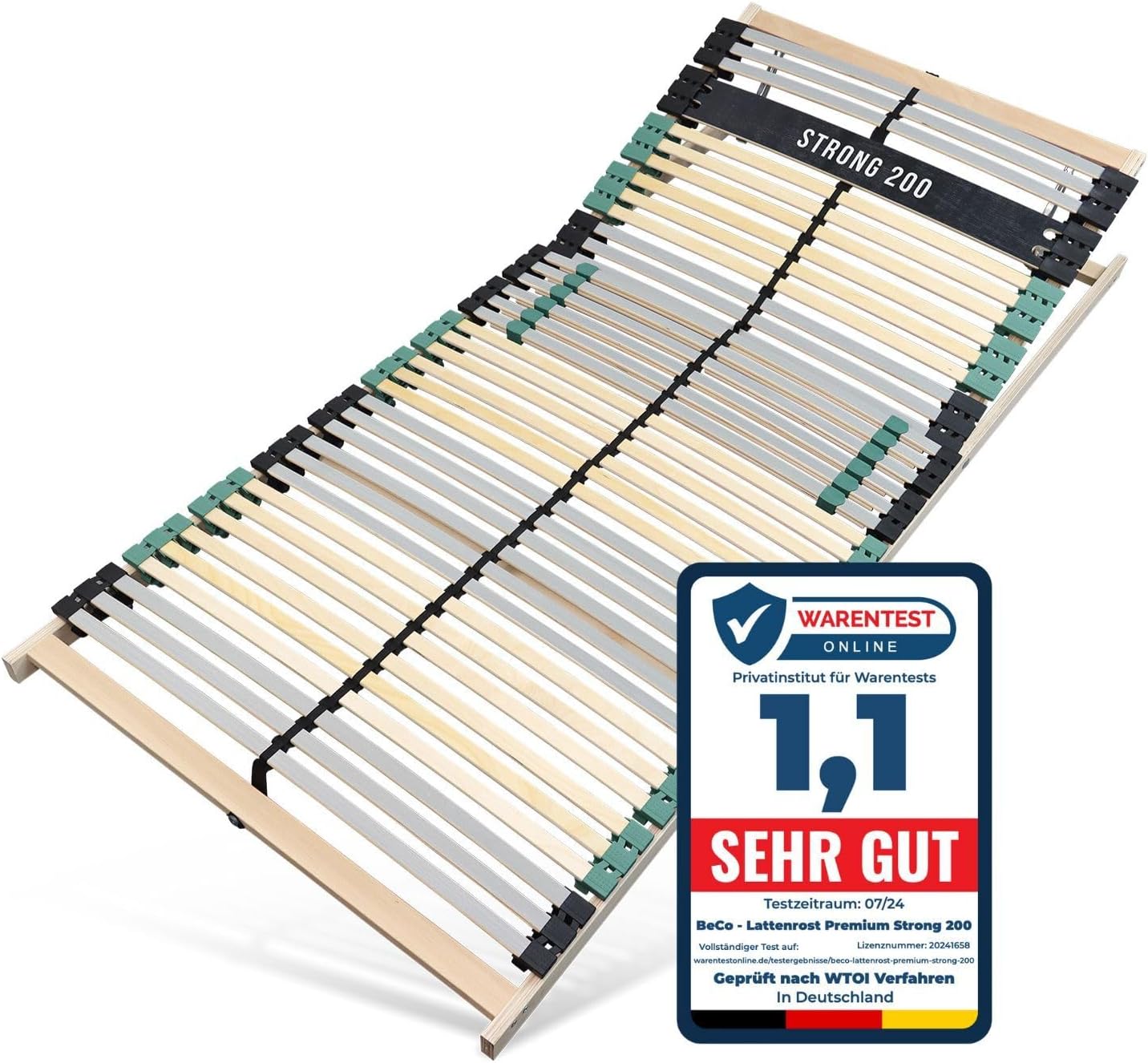 Lattenrost 100x200 Premium Strong bis 200Kg, Kopfteil verstellbar, 7-Zonen-Lattenrost mit 42 Latten, Made in Germany, extra stabil aus Buchenholz