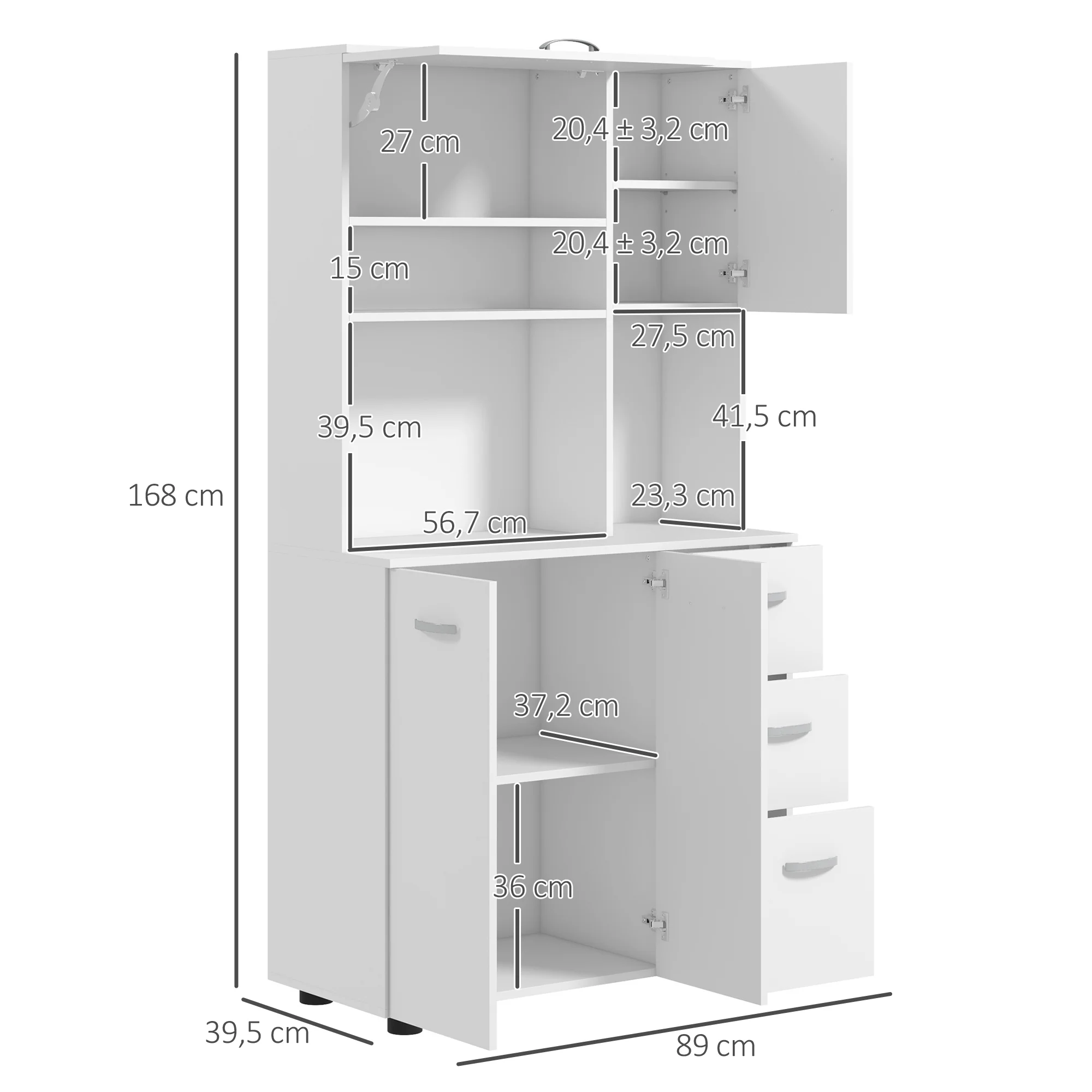 HOMCOM Keukenkast, Buffet, 3 Laden, 3 Planken, Veel Opbergruimte, 89x39,5x168cm, Wit