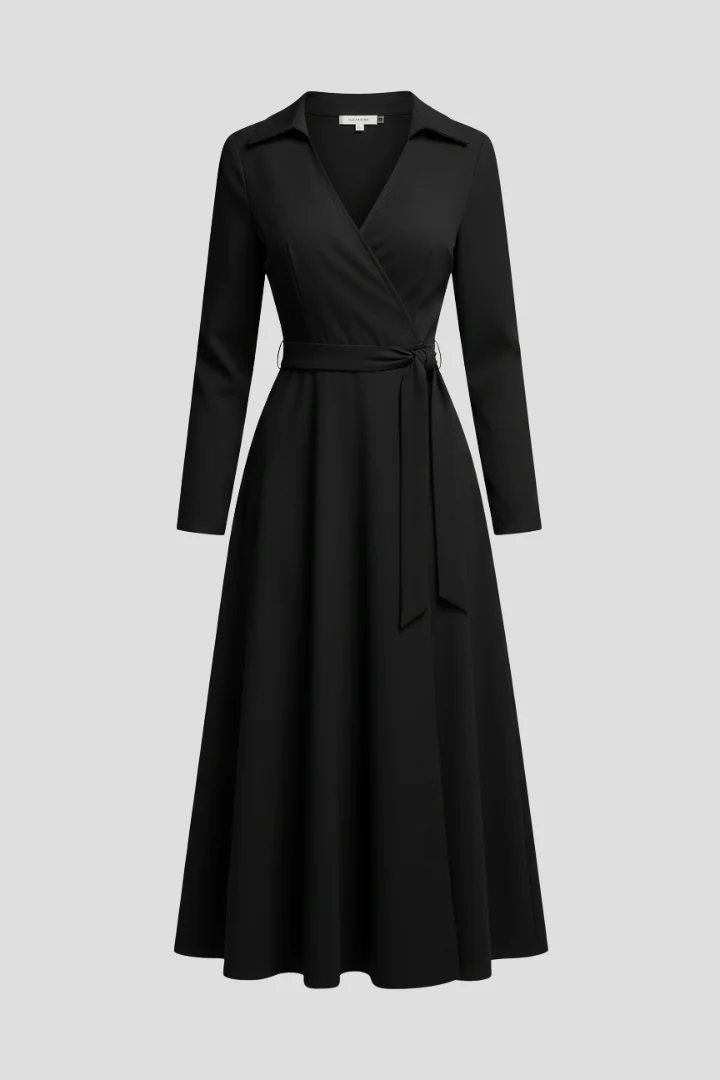 Damen Midi-Kleid mit V-Ausschnitt und Reverskragen | Langarm A-Linien Kleid mit Bindeg��rtel und Schlitz | Klassisches Midikleid