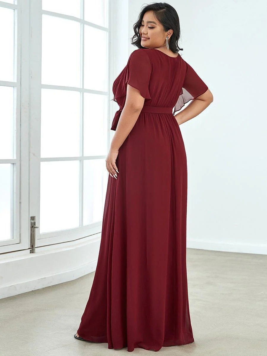 Abendkleid Damen Maxi A-Linie aus Chiffon | Festliches Kleid f��r Hochzeitsg?ste mit V-Ausschnitt und Fl��gel?rmeln
