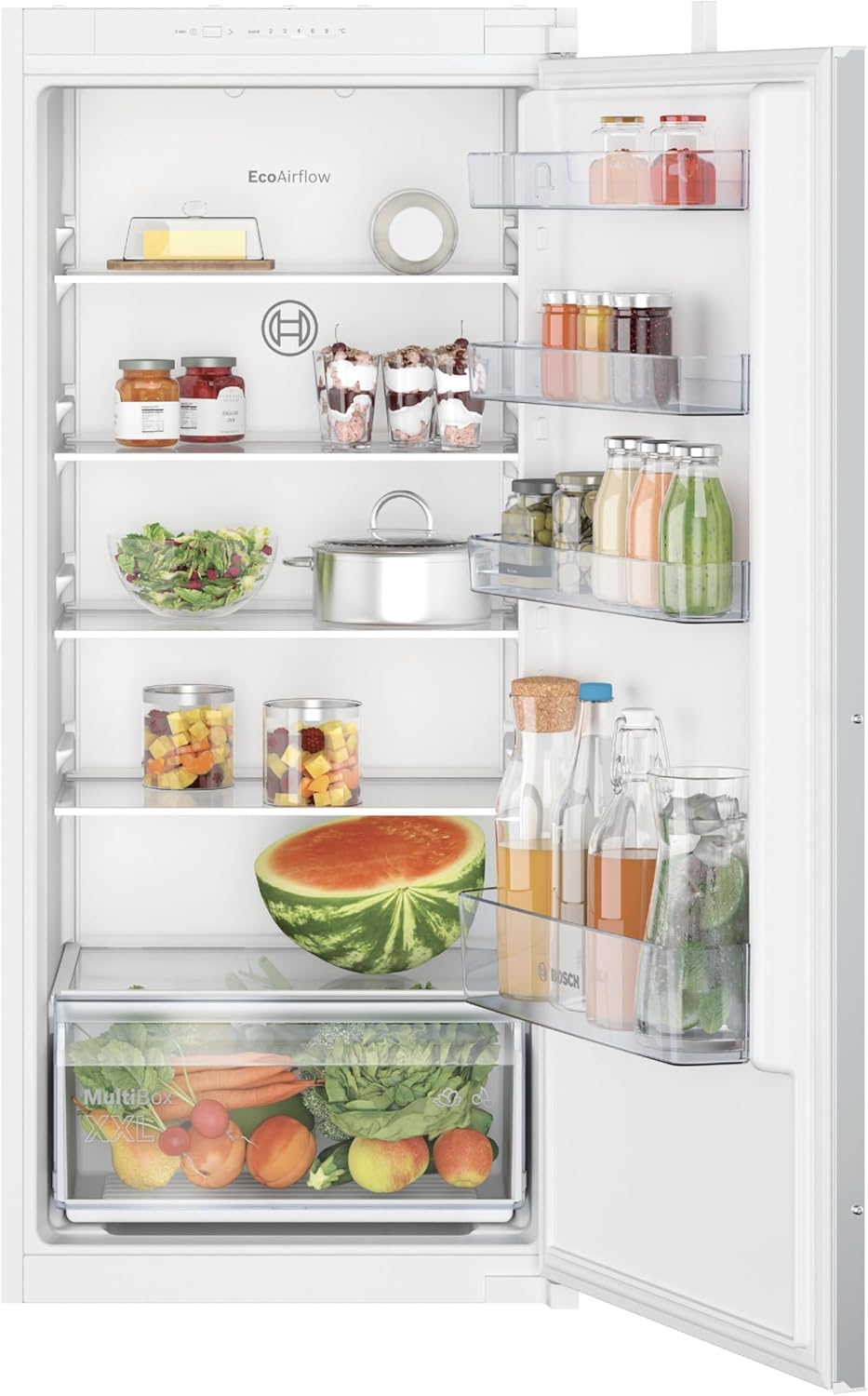 KIR41NSE0 Einbau-Kühlschrank Serie 2, integrierbarer Kühlautomat 122 x 56 cm, 204 L Kühlen, Made in Germany, Schleppscharnier, MultiBox XXL, LED-Beleuchtung, EcoAirflow, SuperCooling