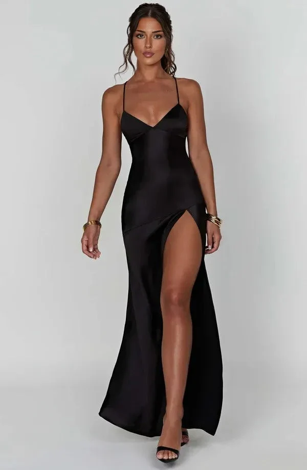Damen Cocktail-Maxikleid aus Satin mit V-Ausschnitt und Schlitz
