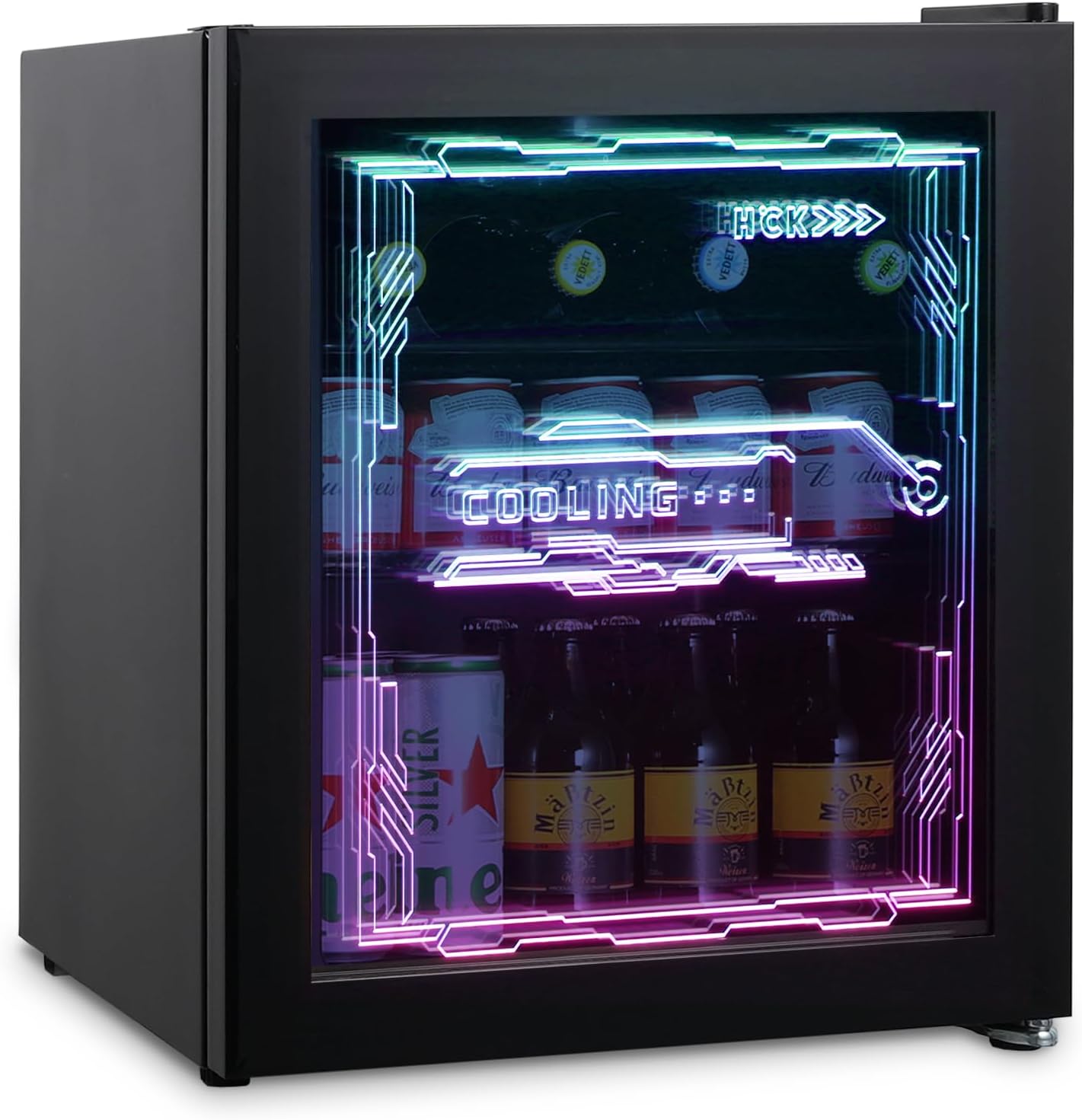 HCK Mini Kühlschrank 48L, Getränkekühlschrank mit Glastür und LED Beleuchtung, Cyberpunk Design, leise 39dB, 0-10℃ Bierkühlschrank für Gaming Room, Party, Bar, Schwarz