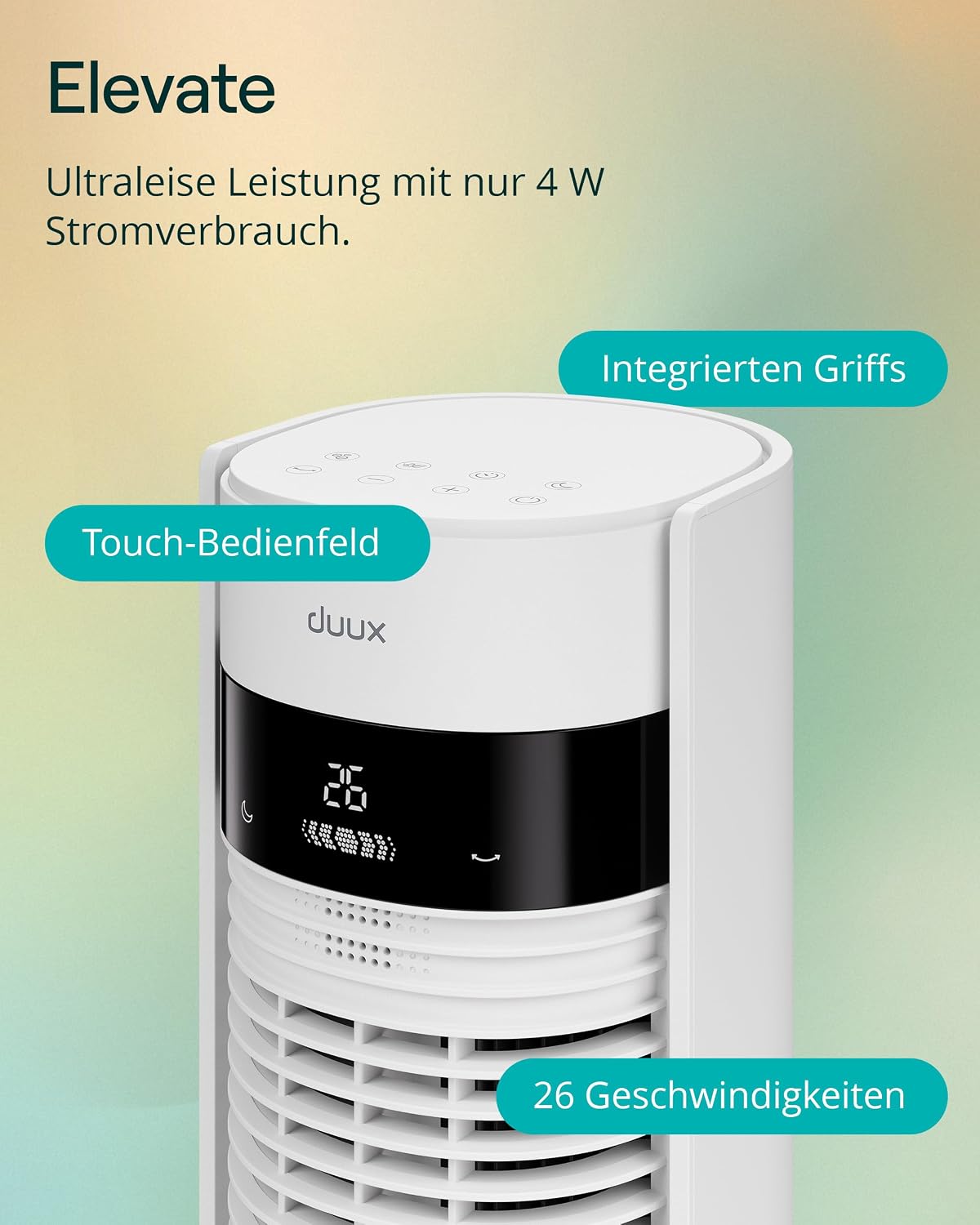 Duux Elevate Turmventilator – 12 Geschwindigkeitsstufen, 80° Oszillation, nur 25 dB, Ionisator, Timer (1–12 Stunden), Schlafmodus, Touchscreen & Fernbedienung – leise & intelligenter Ventilator für