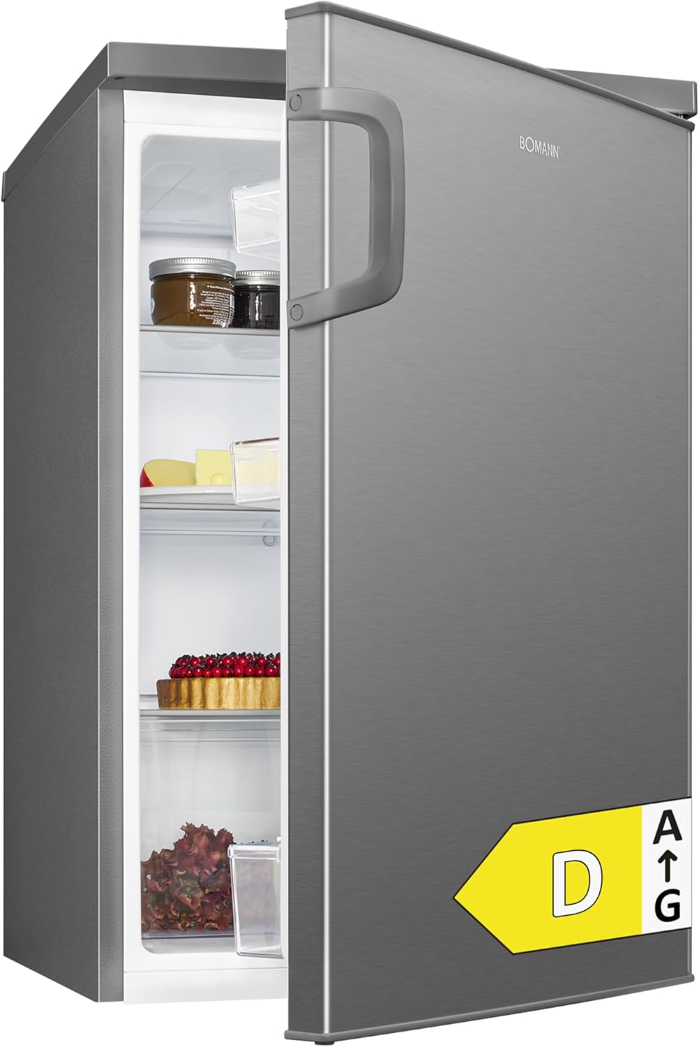 Bomann® Kühlschrank ohne Gefrierfach | Energieklasse D | 85cm | leise 39dB | 3 Ablagen | Türanschlag wechselbar | 133L | Kühlschrank klein mit Gemüsefach | Standardkühlschrank | VS 2195.1 inox