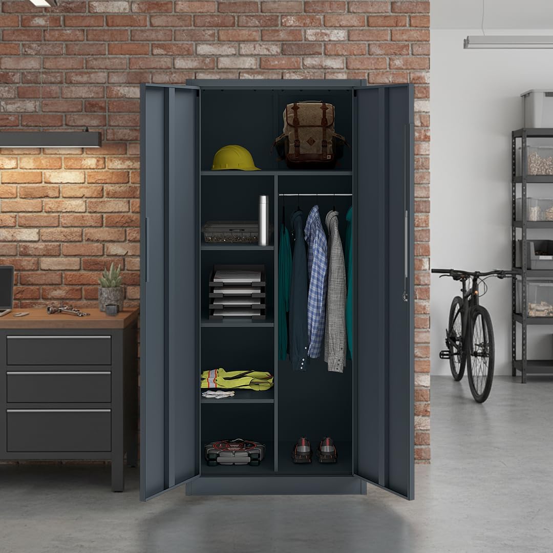 STEELSØN Regulus Metallschrank abschließbar – Garderobenschrank mit 6 Fächern und 1 Kleiderstange – Spind Schrank mit Doppeltüren – Mehrzweckschrank Anthrazit – Kleiderschrank Metall 175x40x80 cm
