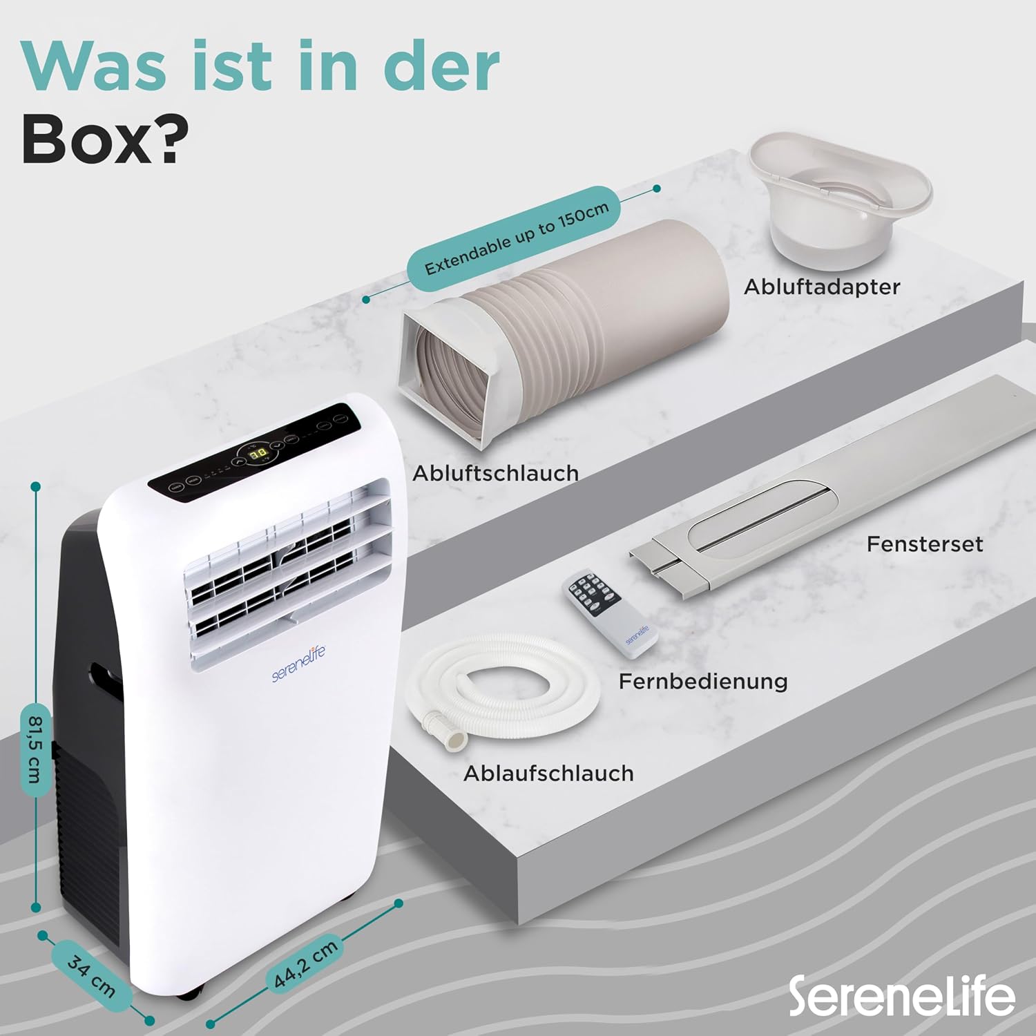 SereneLife Mobile Klimaanlage 4 kW 9000 BTU – L52 dB Leises Klimagerät für Schlafzimmer bis 20 m², Angenehme Kühlung an heißen Tagen, mit Entfeuchter, Lüfter & Fernbedienung