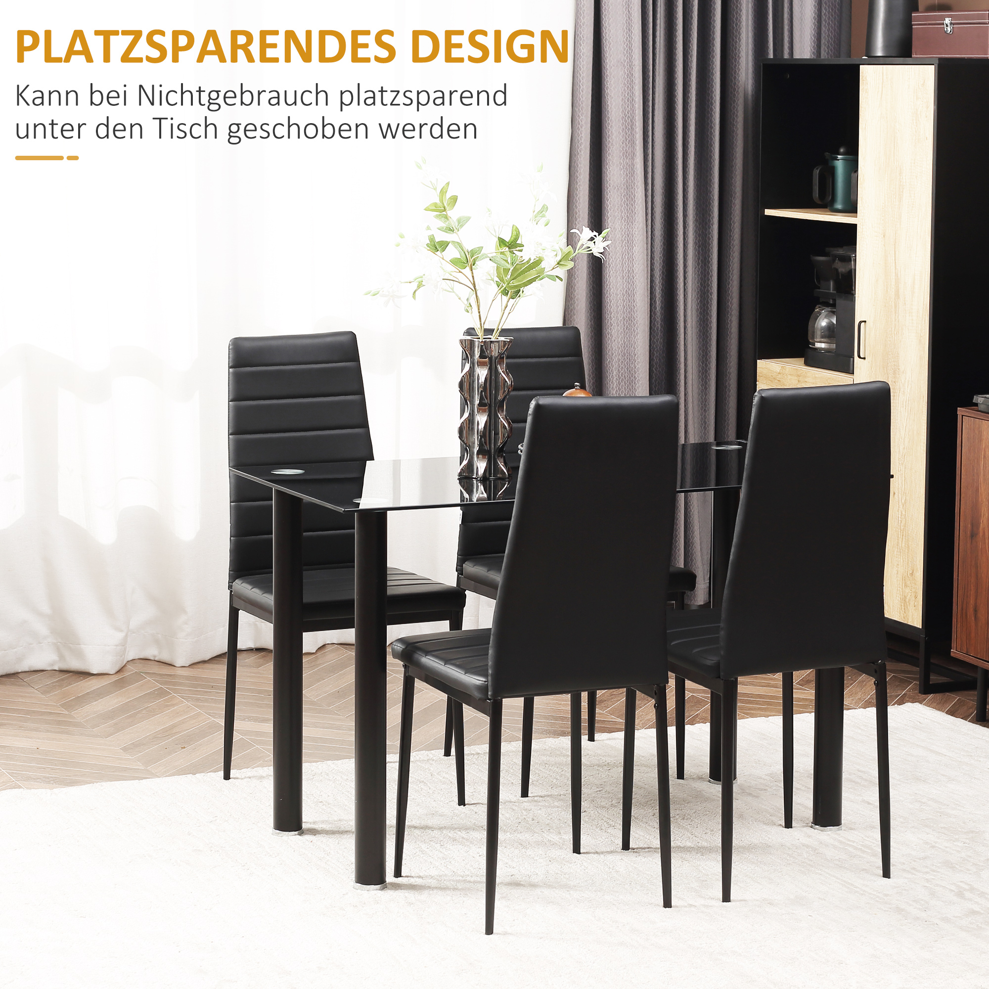 5-delige Eetkamerset Tafel en 4 Stoelen, Modern Design, Glazen Tafel, Zwart