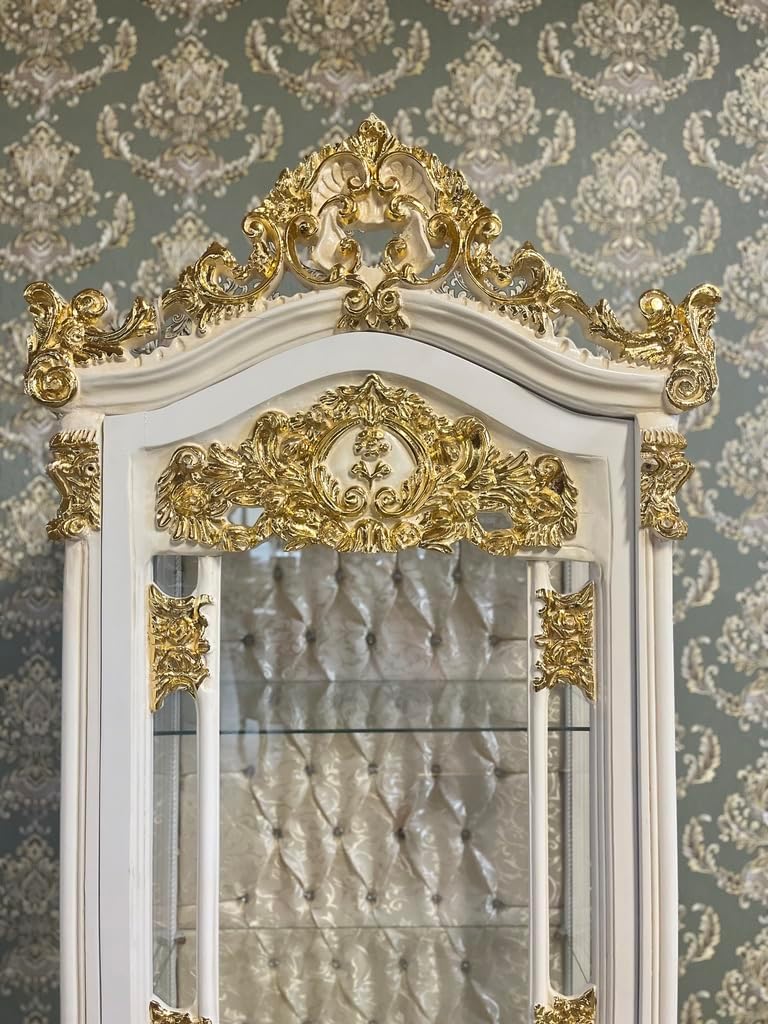 CasAmin Home & Living Baroque Style Display Cabinet: White Wood & Gold Leaf Showcase