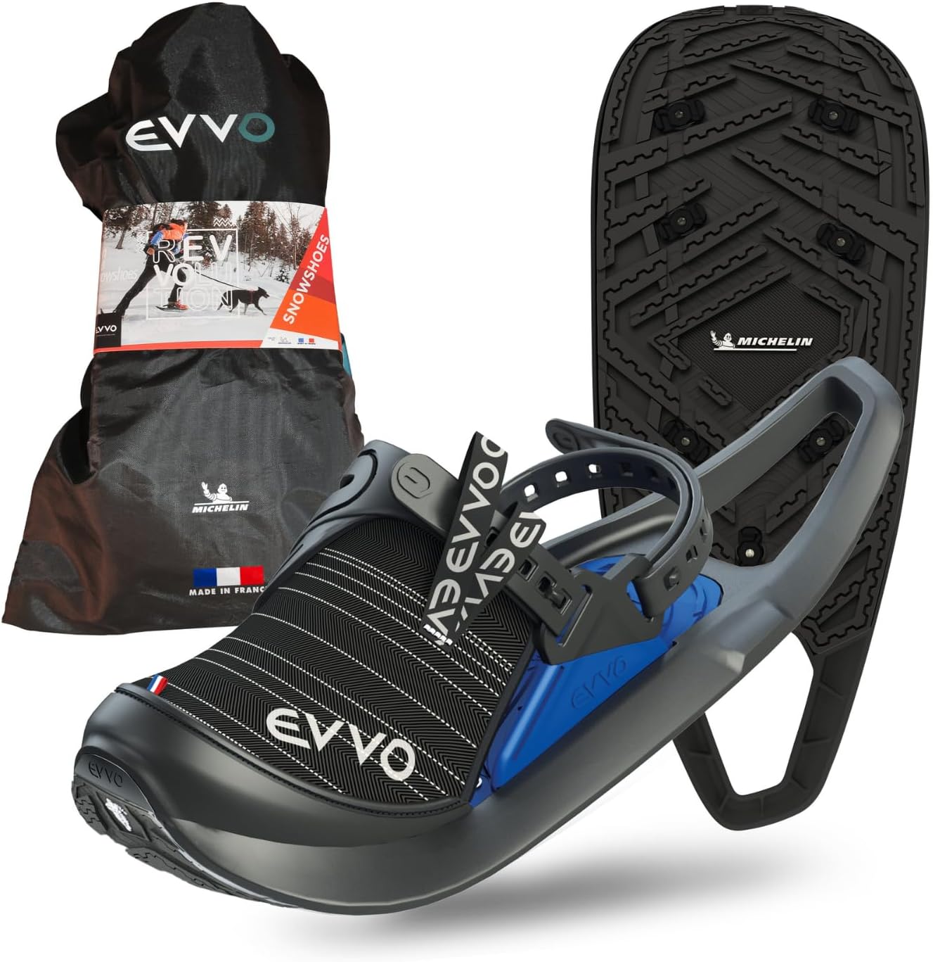 EVVO - Originale - Schneeschuh Michelin® Sohle mit Lamellenstollen und Icespike Techologie. Verstellbare Bindungen, für Männer und Frauen, mit Transporttasche, All Terrain