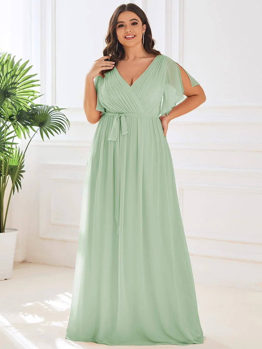 Abendkleid Damen Maxi A-Linie aus Chiffon | Festliches Kleid f��r Hochzeitsg?ste mit V-Ausschnitt und Fl��gel?rmeln