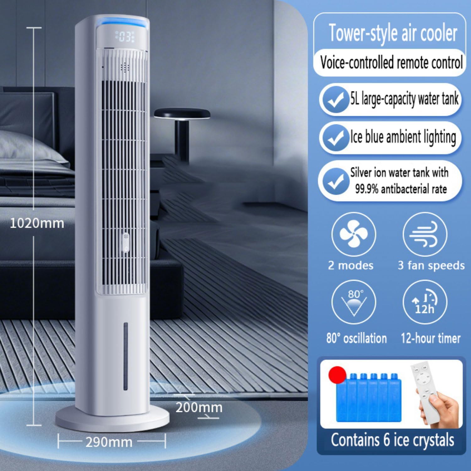 Leiser Turm-Klimagerät mit Verdunstungskühlung, 3 Geschwindigkeitsstufen, 12-Stunden-Timer und Aromafunktion. Tragbare Klimaanlage, Keine Fenster erforderlich, Kühlakkus, Abnehmbarer 5-Liter-Tank.