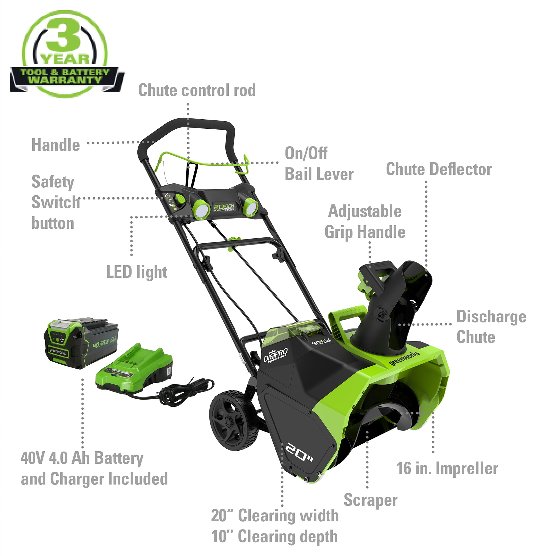 Greenworks 40V 20′′ Cordless Brushless Snow Blower with 4.0 Ah Battery & Charger, LED Lights, 180° Chute