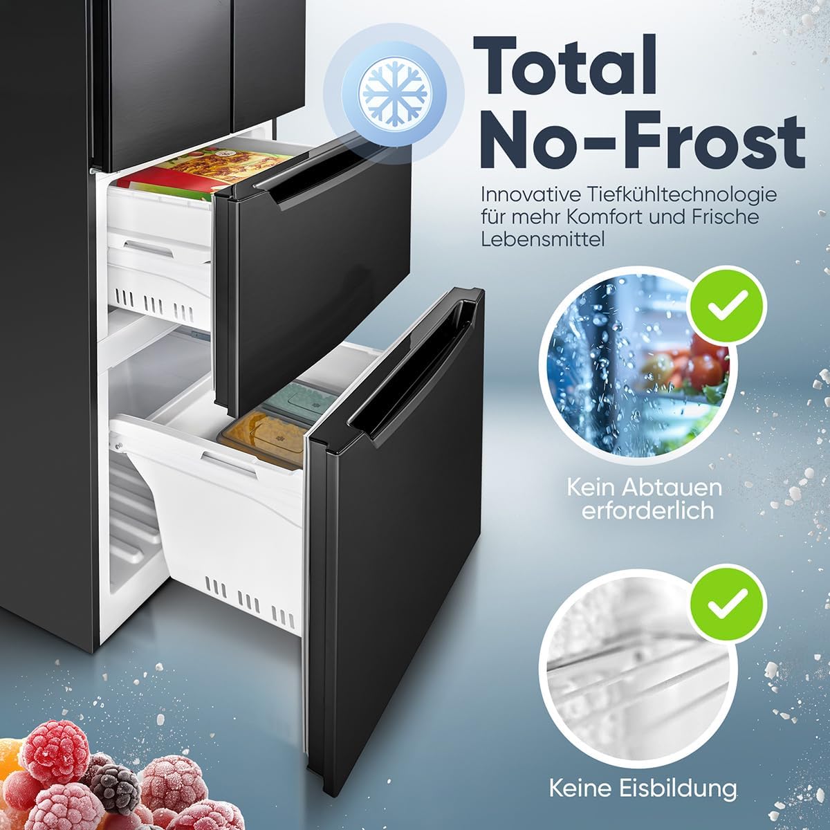 Bomann® Kühlschrank mit Gefrierfach | No-Frost Gefrierteil | 186cm Kühlschrank | 39dB | Kühl Gefrierkombination mit MultiAirflow | 320L | Kühl Gefrierkombination No-Frost | KG 7361 schwarz-inox