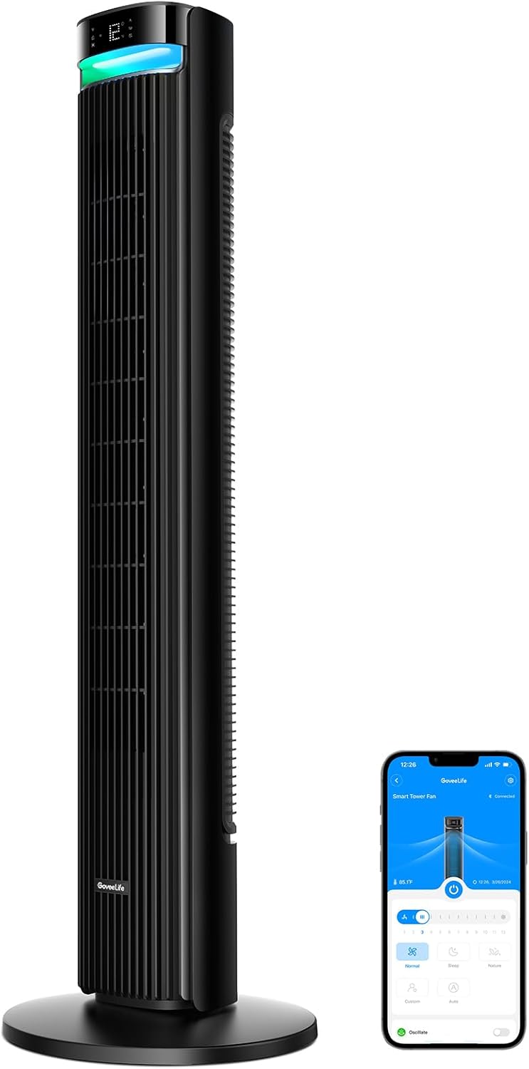 GoveeLife leiser Ventilator, 12 Geschwindigkeiten bis zu 8 m/s, 5 Modi, 24-Stunden-Timer, intelligenter Turmventilator mit 150°-Oszillation, APP- und Sprachsteuerung für Zuhause, schwarz