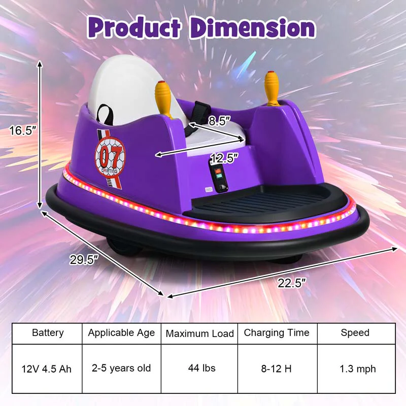 12V Toddler Bumping Car, Battery Powered Baby Ride on Bumper Car with Dual Joysticks, Flashing LED Light & 360 Degree Spin