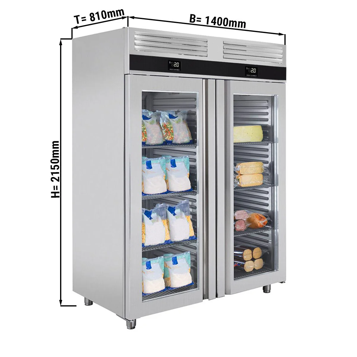 Kjøl- og frysekombinasjon i rustfritt stål PREMIUM - GN 2/1 - 1 400 l - til -25 °C til +8 °C - med 2 glassdører - Displaykjøleskap, R290 - 1 400 mm
