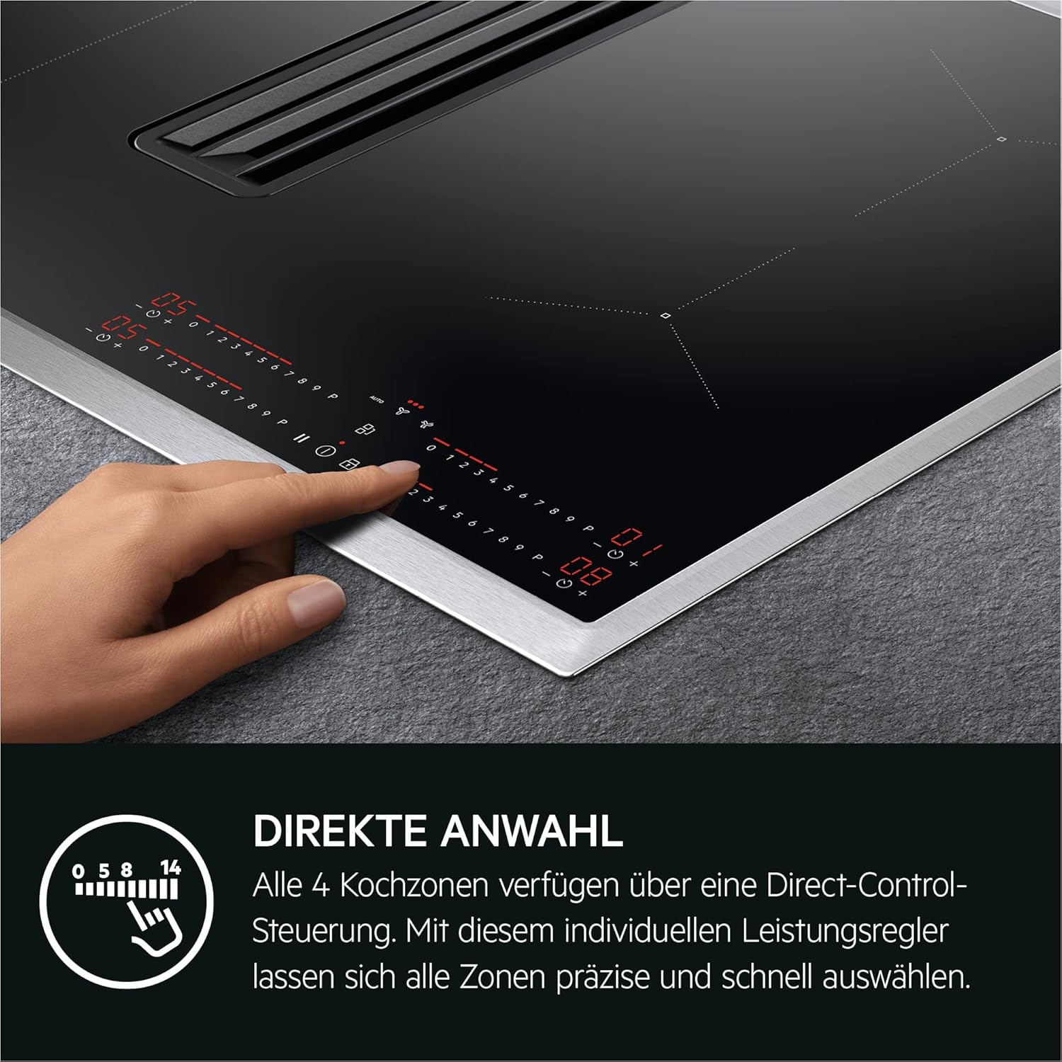 AEG Induktionskochfeld autark 80cm mit Dunstabzug / Made in Germany / 4 Flex-Kochzonen mit Bridge (Kombination 2er Zonen) / Auto-Funktion des Dunstabzugs / Aktivkohlefilter / COLI84COXB