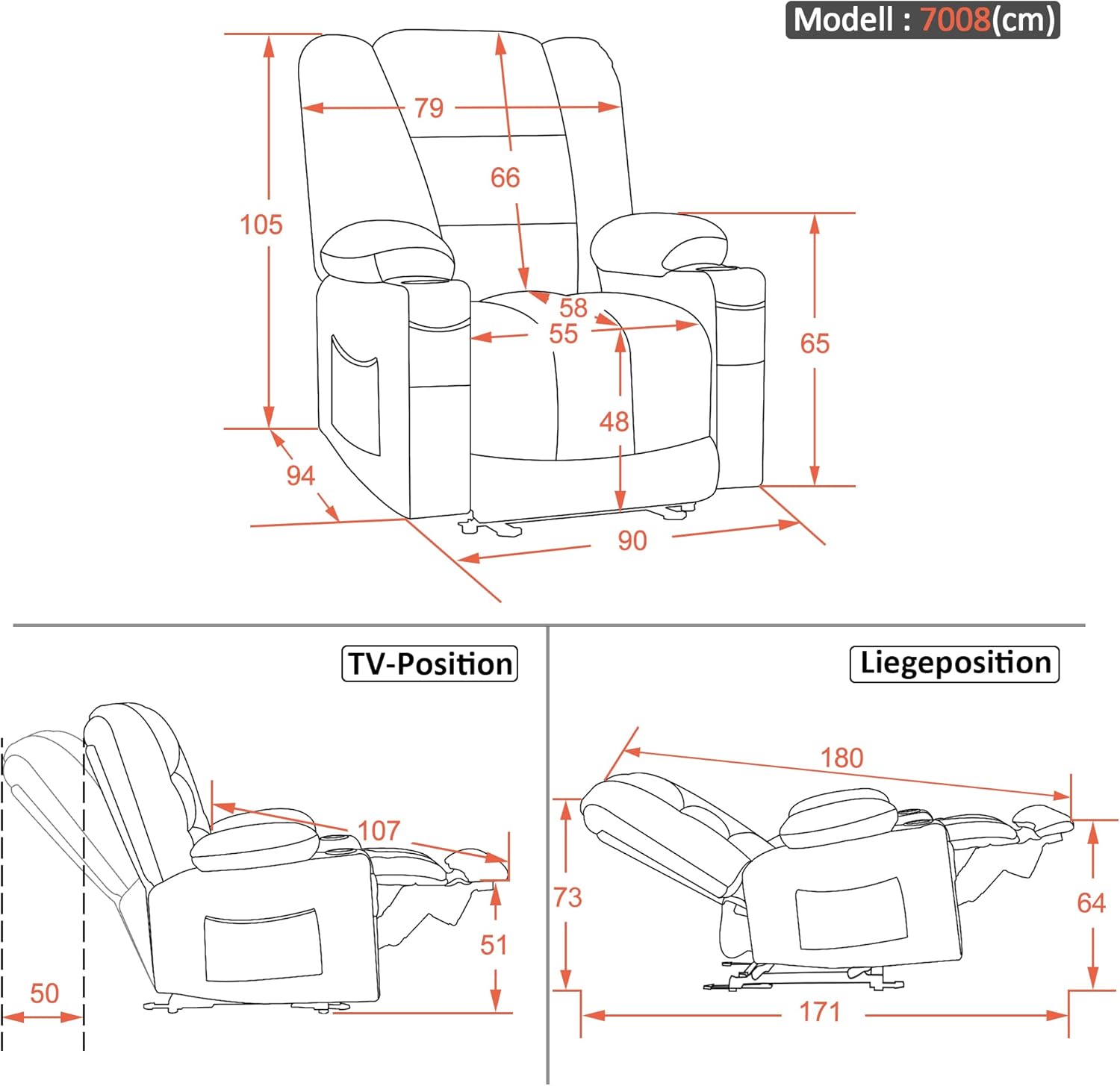 M MCombo Fernsehsessel elektrisch verstellbar, Relaxsessel mit Liegefunktion, TV Sessel mit Massage & Wärmefunktion, USB & Getränkehalter, 35D Vollschaum-Sitzkissen 7008 (Stoff, Dunkelgrau)