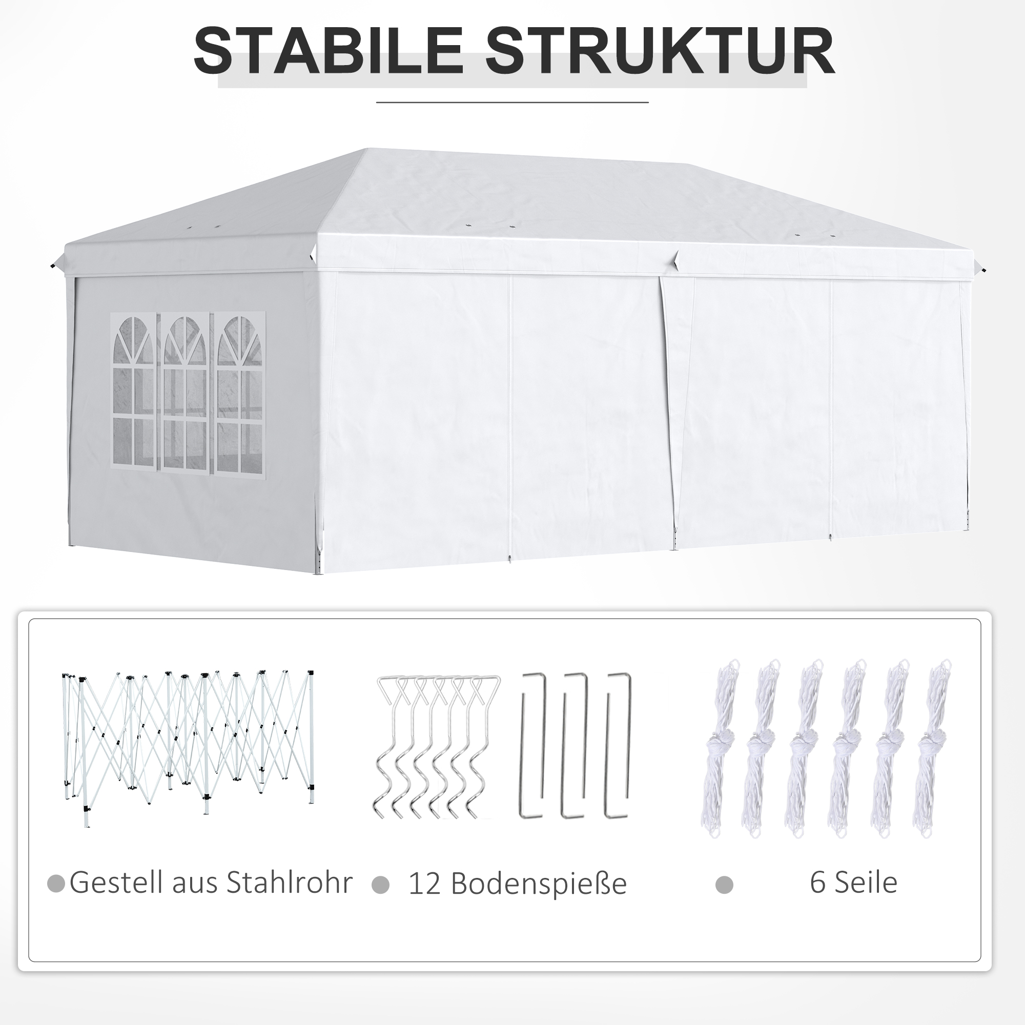 Outsunny Vouwtent van 6 x 3 m, verwijderbare zijwanden, grote ramen, deuren met ritssluiting, stalen frame, wit