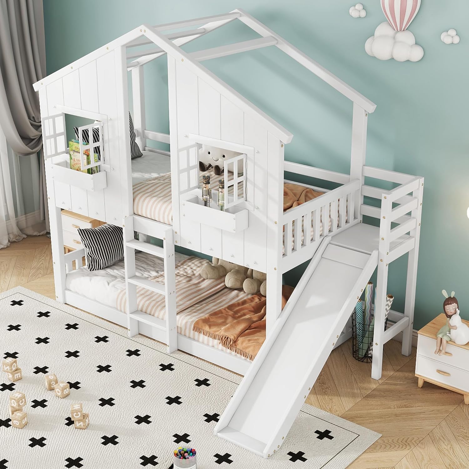 Kinderbett Etagenbett 90x200, Hochbett Hausbett für 2 Kinder, Stockbett mit Rutsche&Leiter&Fenstern&Dach&Aufbewahrungsbox, Doppelbett Holzbett mit Lattenrost&Rausfallschutz, Kiefer, Ohne Matratze,Weiß