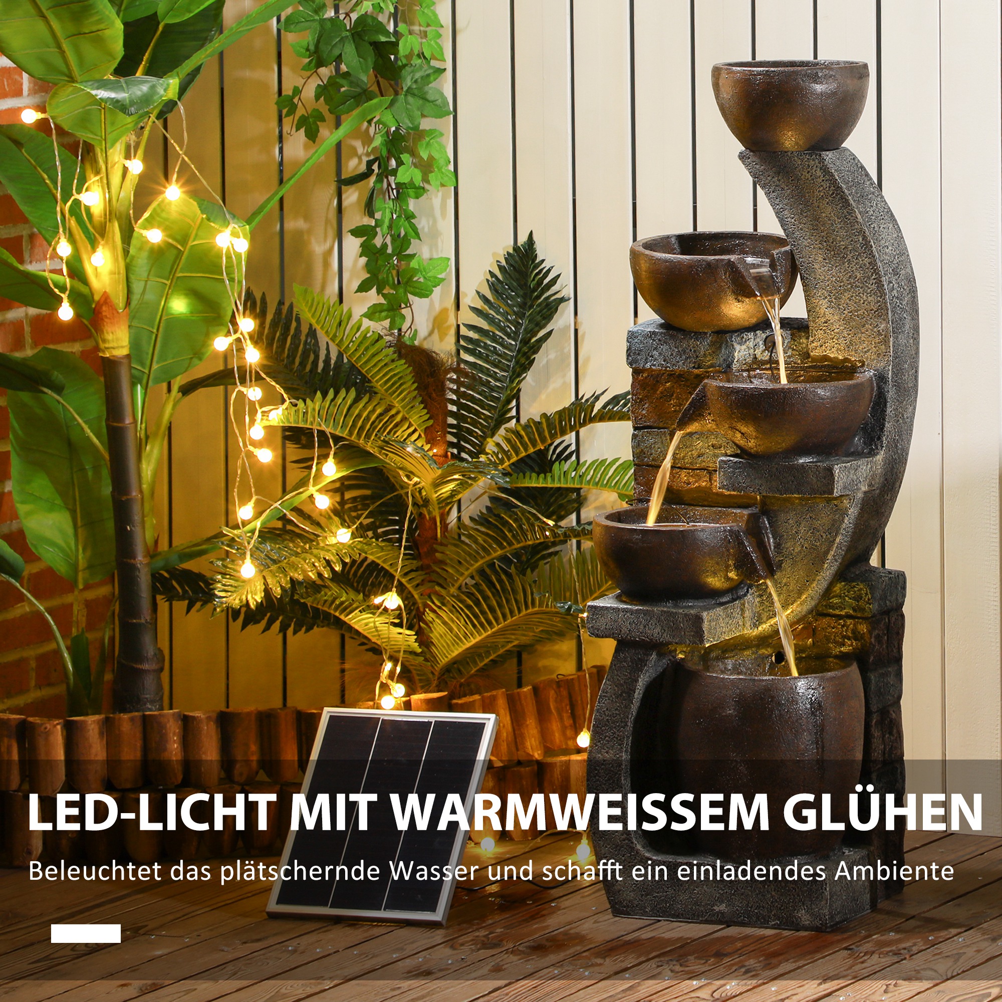 Outsunny Tuinfontein, Baksteenoptiek, 5-traps, Zonne-energie, LED's, 107cm, Kunstharz, Grijs/Bruin