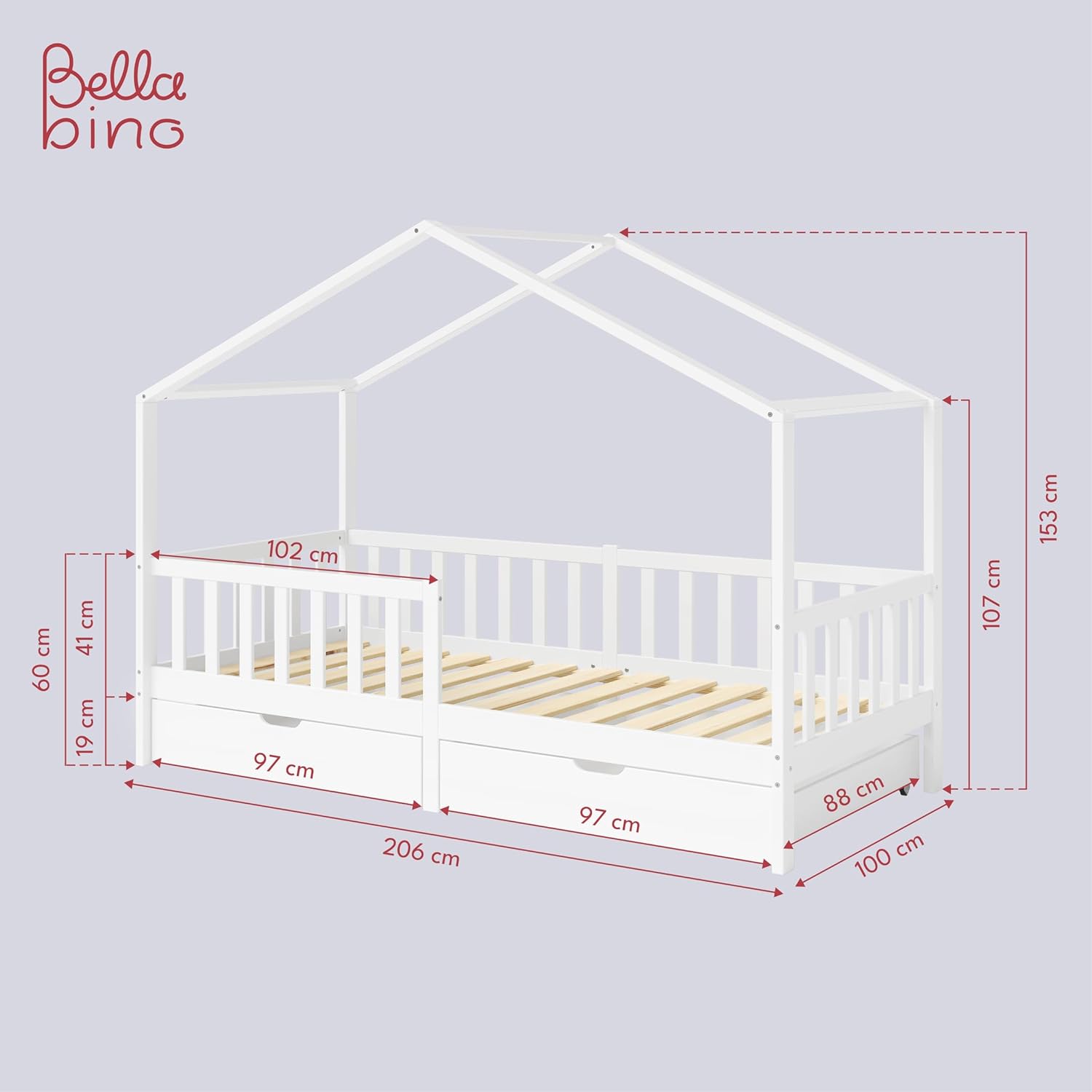 Bellabino Kinderbett Bia 140x200 cm, Hausbett Kinder inkl. Rausfallschutz und Rolllattenrost, Montessori Bodenbett weiß aus Massivholz Kiefer
