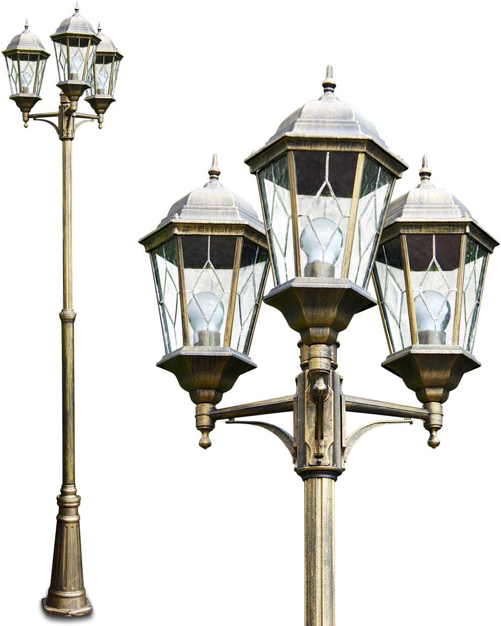 HOFSTEIN Kandelaber Hongkong, Außenwegeleuchte aus Metall/Glas in Braun/Goldfarben/Klar, Wegebeleuchtung 270 cm, 3 x E27, IP44, Wegeleuchte im Retro/Vintage-Design für Garten, Außenbereich, Hof