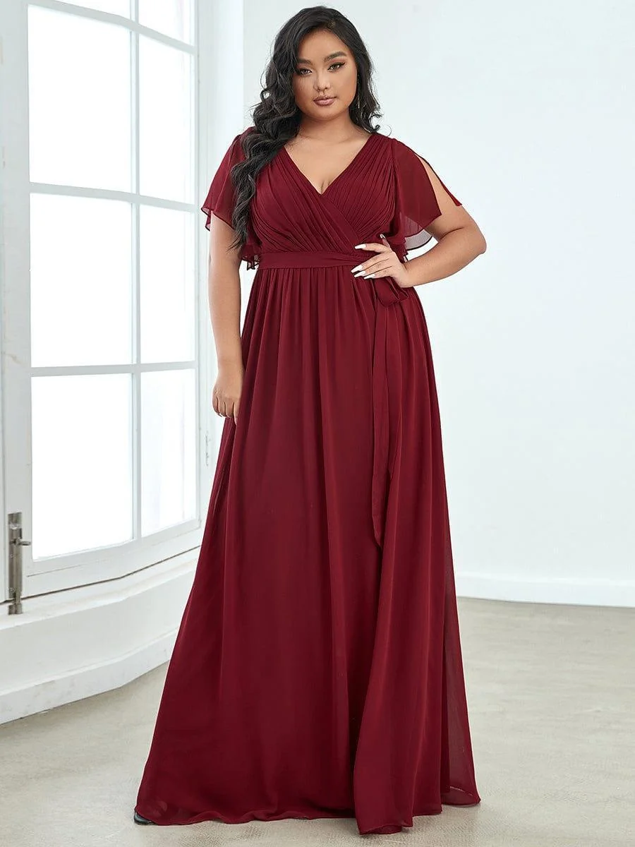 Abendkleid Damen Maxi A-Linie aus Chiffon | Festliches Kleid f��r Hochzeitsg?ste mit V-Ausschnitt und Fl��gel?rmeln
