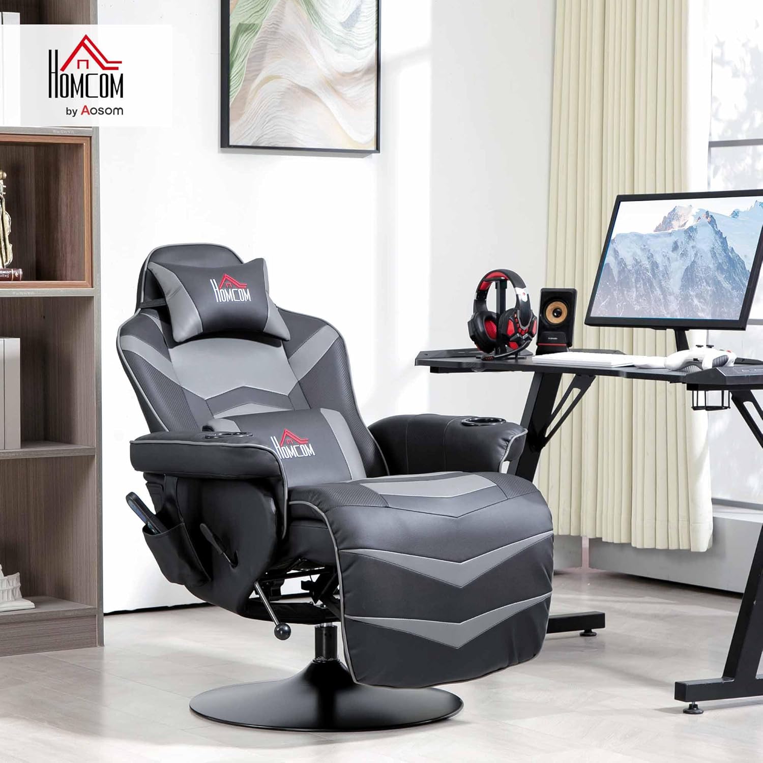 HOMCOM Relaxsessel Elektrisch Fernsehsessel Massagesessel mit Liegefunktion Massage 360° Drehbarer TV Sessel mit Fernbedienung, Becherhalter Seitentasche, für Wohnzimmer Kunstleder Grau