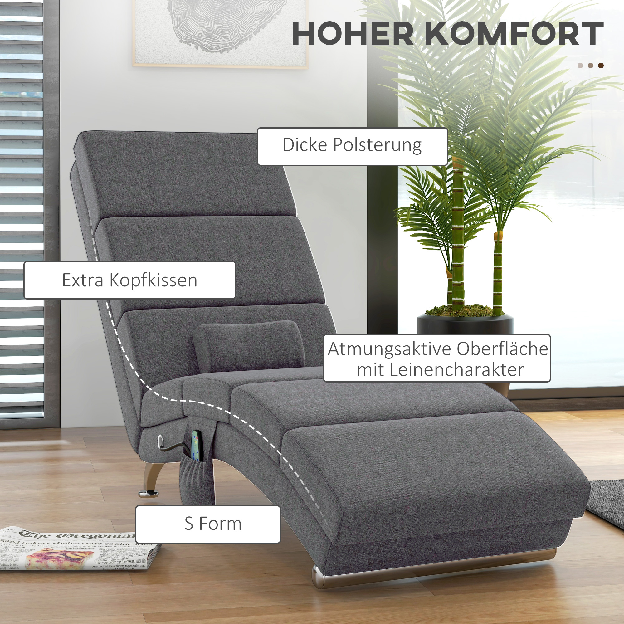Massagestoel Relaxstoel Ligstoel 8 vibratiepunten, 5 modi, 8 vibratiepunten, 56 x 168 x 84 cm, Grijs