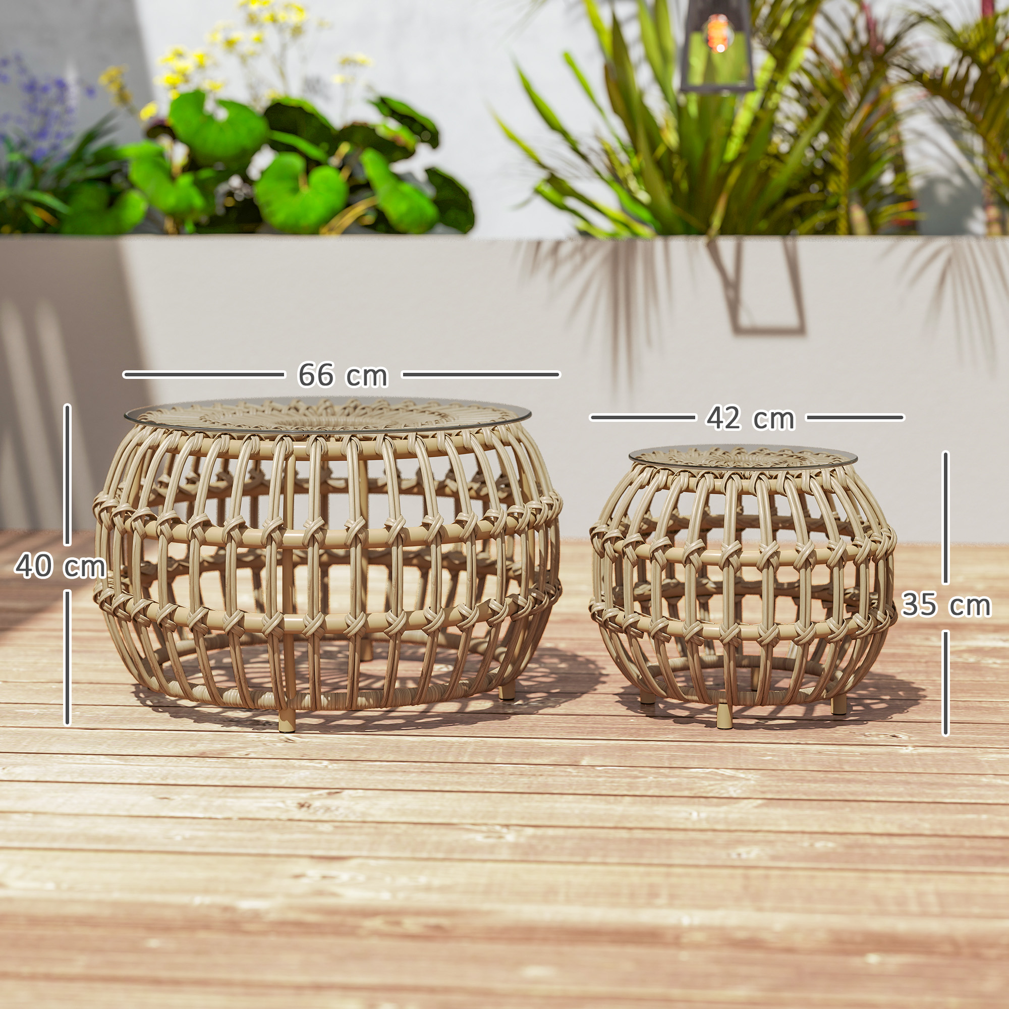 Outsunny 2-delige Set Bijzettafels Polyrattan ?66/42 cm Rond Weerbestendig met Glazen Blad - Bruin