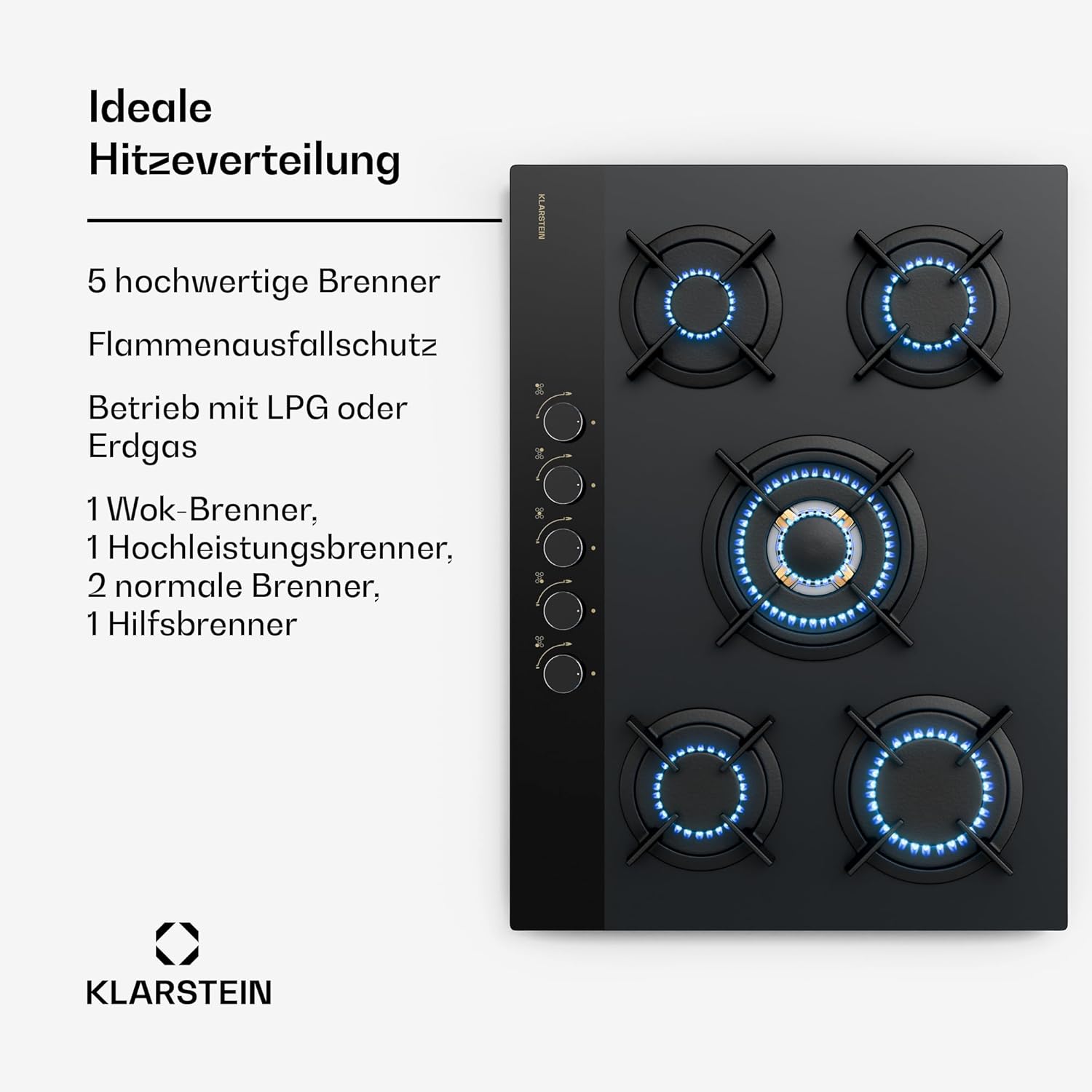 Klarstein Gasherd, Gaskochfeld 5 Flammen, Einbau-Gaskocher für Zuhause & Wohnmobil, Campingkocher mit Glasplatte, Gasherd für Propan- und Erdgas, Edelstahl Gas-Herdplatte Wok Brenner 10400 Watt