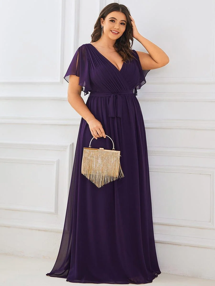 Abendkleid Damen Maxi A-Linie aus Chiffon | Festliches Kleid f��r Hochzeitsg?ste mit V-Ausschnitt und Fl��gel?rmeln