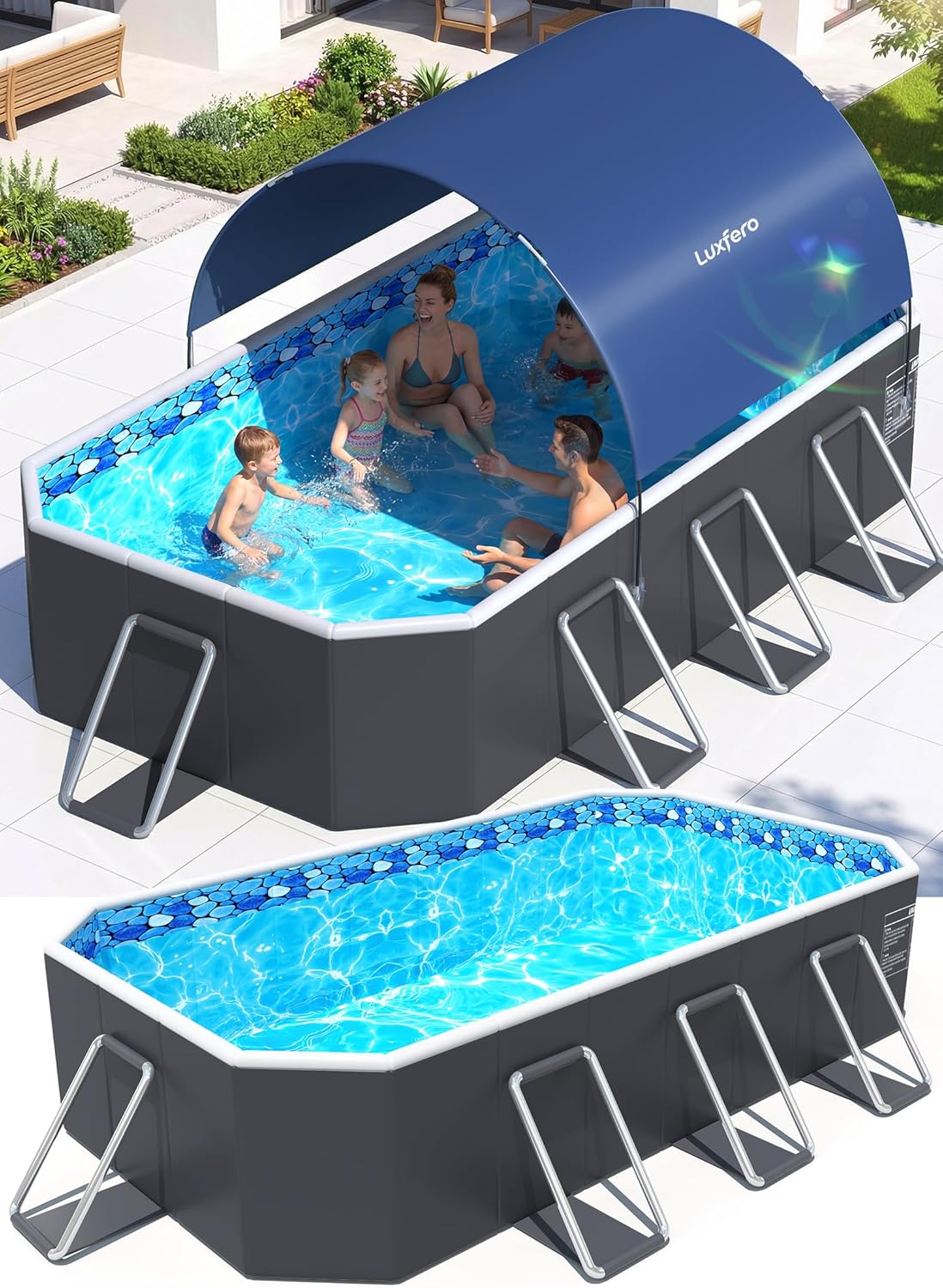 Luxfero Rectangular Frame Pool mit Dach, Faltbarer Aufstellpool Rechteckig, Verdickung Schwimmbecken mit Schatten, Schnelle Installation Gartenpool, Faltbarer Außen-Swimmingpool, 228 x 127 x 50 cm