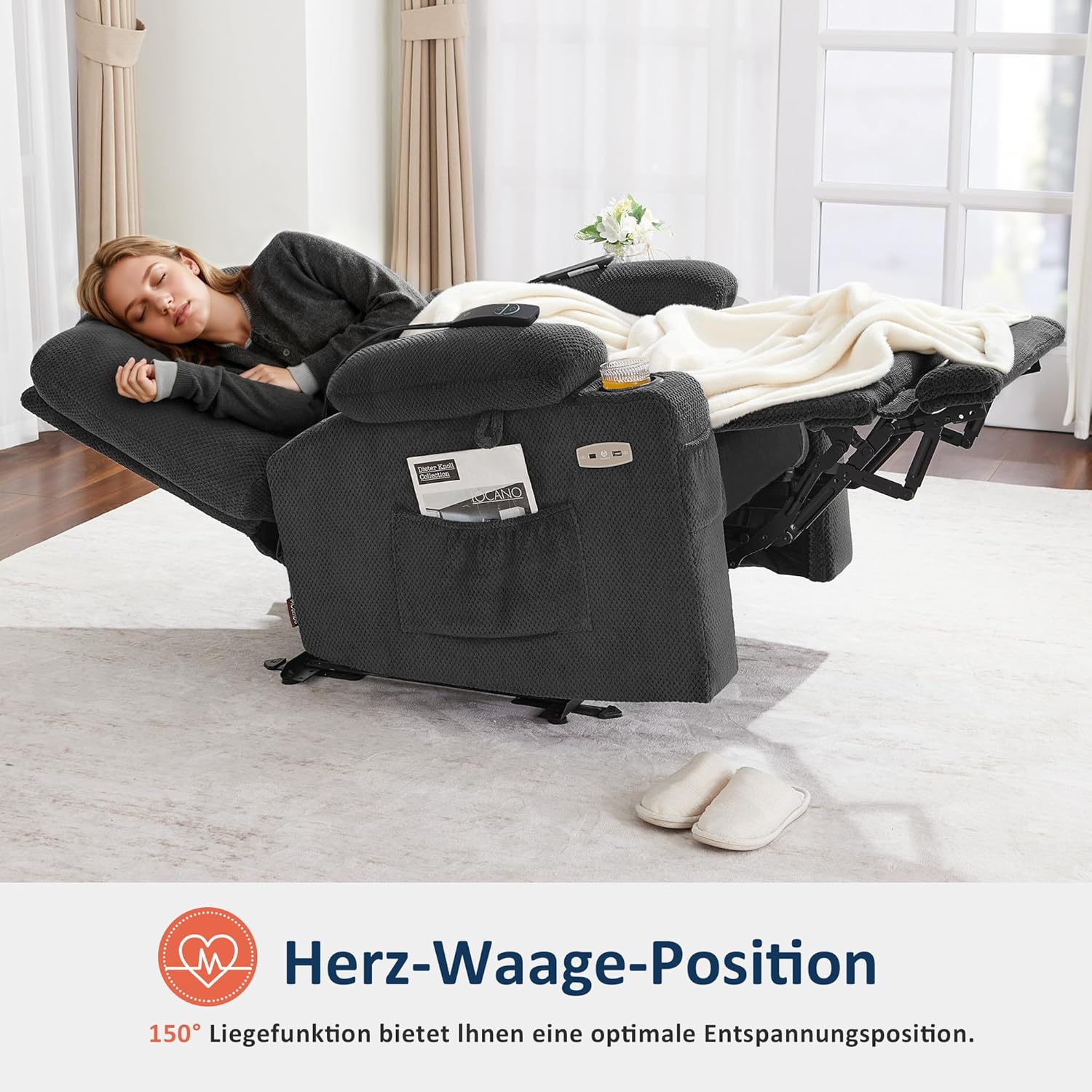 M MCombo Fernsehsessel elektrisch verstellbar, Relaxsessel mit Liegefunktion, TV Sessel mit Massage & Wärmefunktion, USB & Getränkehalter, 35D Vollschaum-Sitzkissen 7008 (Stoff, Dunkelgrau)