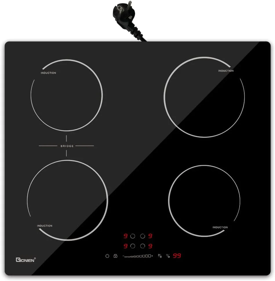 GIONIEN Induktionskochfeld mit Stecker 60cm 16Amp,Integriertes Elektrokochfeld Plug in mit Br��ckenzone, 4 Kochstellen Herd,2800W,GITS470SPVDE