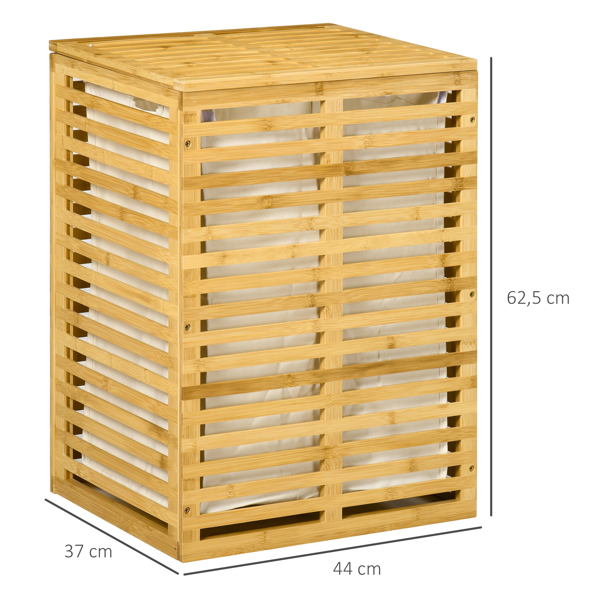 Bamboe Wasmand 63 L met Deksel en Uitneembare Waszak, Stok 44 x 37 x 62,5 cm in Natuurhout