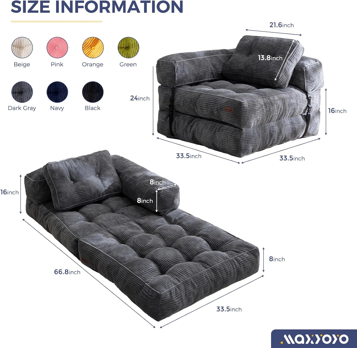 Folding Sofa Bed L-Shaped Convertible Sofa Bed with Armrests and Pillows