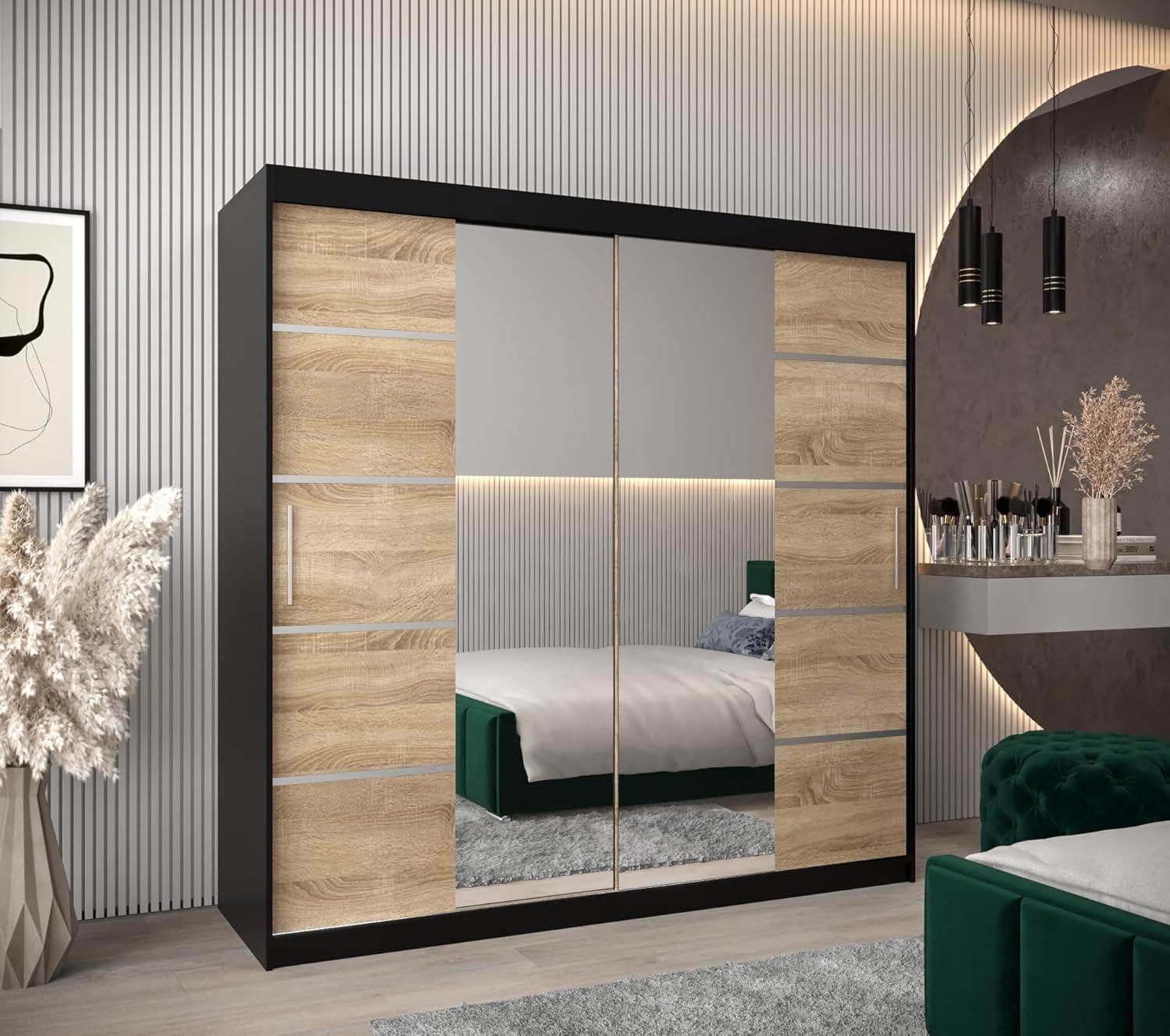 ABIKSMEBLE Verona 4 200 Bedroom Wardrobe with Three Sliding Doors – Modern Storage Cabinet with Mirror, Coat Rack and Shelves – 200 x 200 x 62 cm – Matte Black + Sonoma