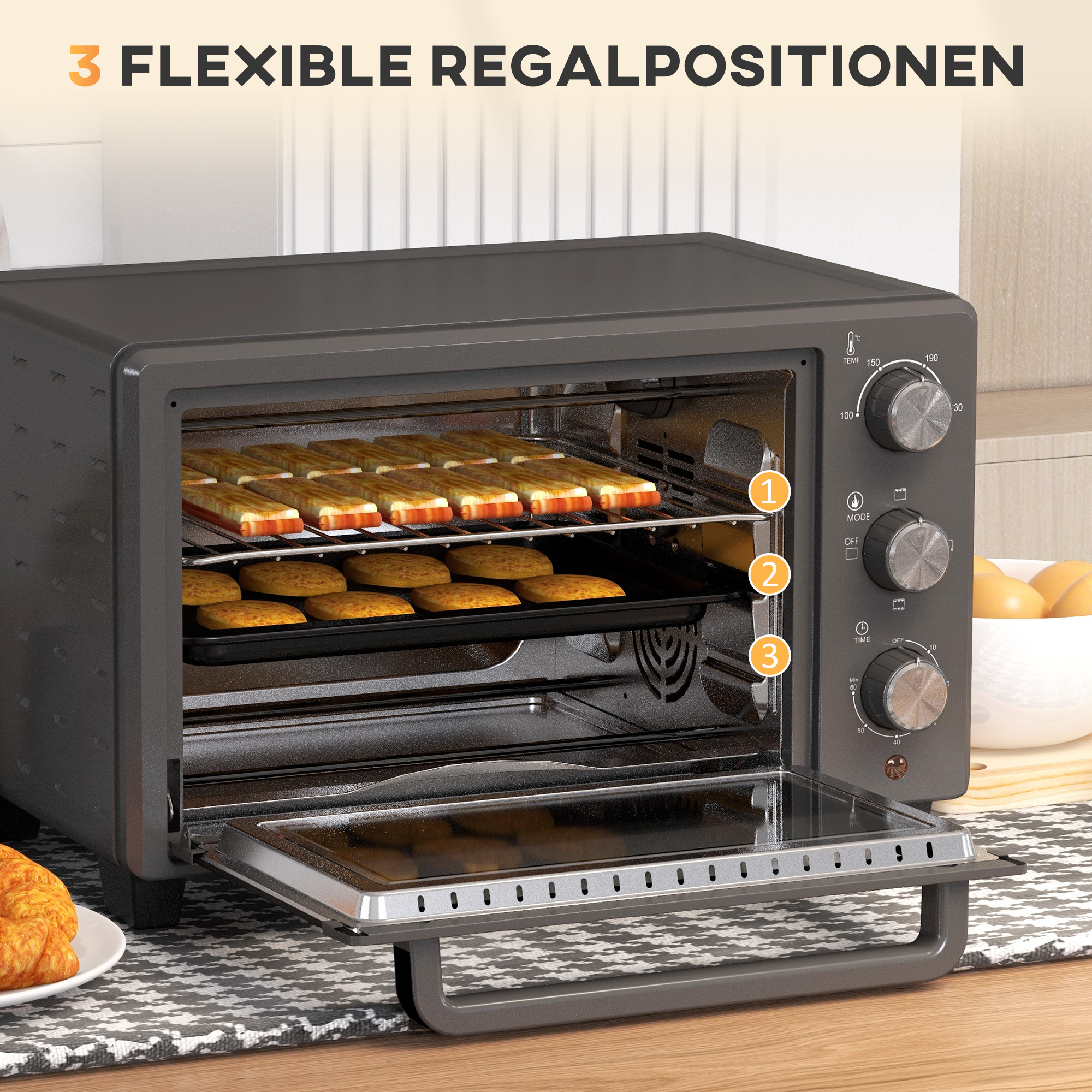 Minibackofen, 21L Toasterofen met 1 Draadrek en 1 Bakplaat, 3 Kookmodi, 100 ��C-230 ��C, Roestvrijstaal, Glas, Grijs