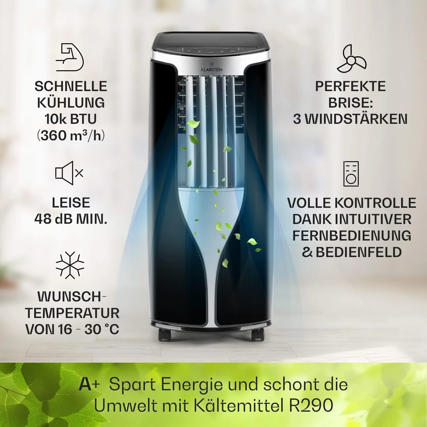 Klarstein Mobiele Airconditioner met Afvoerslang, 3-in-1 Airco met Ventilator & Luchtontvochtiger, Kleine & Draagbare Airco voor Thuis & op Kantoor, 10000 BTU AC met Laag Verbruik