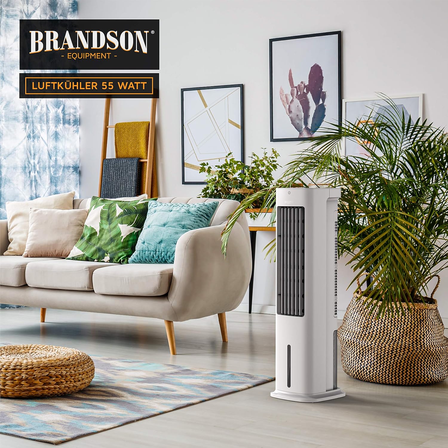 Brandson - Luchtkoeler met waterkoeling 5-in-1 - Verdampingskoeler, luchtbevochtiger, ventilator & luchtreiniger, mobiele airconditioning zonder afvoerslang - Prijswinnaar 2025 - stil - 5L watertank