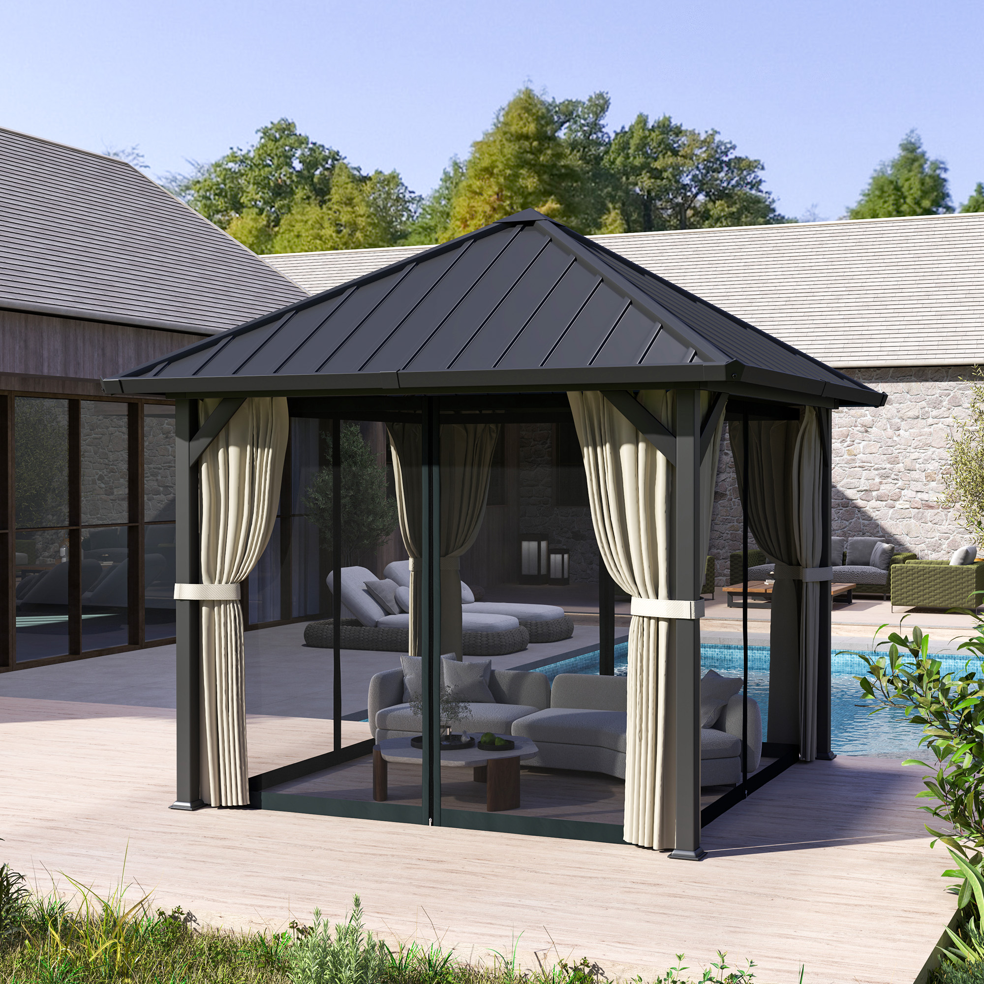 Outsunny 3 x 3m Harddak Paviljoen, Tuinpaviljoen met Metalen Dak, Waterbestendig Tuinzelt met Net en Zijwanden, Donkergrijs