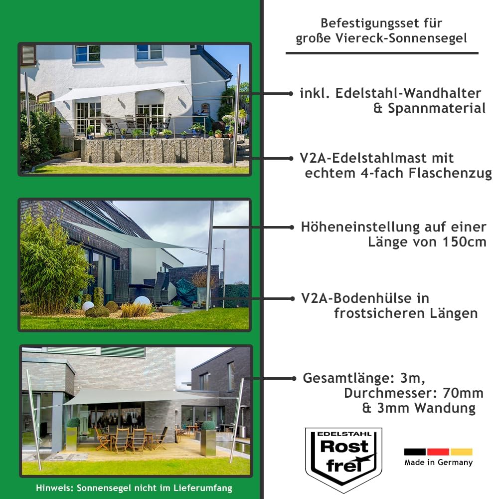 Befestigungs-Set für viereckige Sonnensegel | 2 Wandhalter & 2 Masten höhenverstellbar & inkl. Zubehör (In Mauerwerk - 2X Wandhalter/Verankerungen, 2X Wantenspanner/Karabiner)