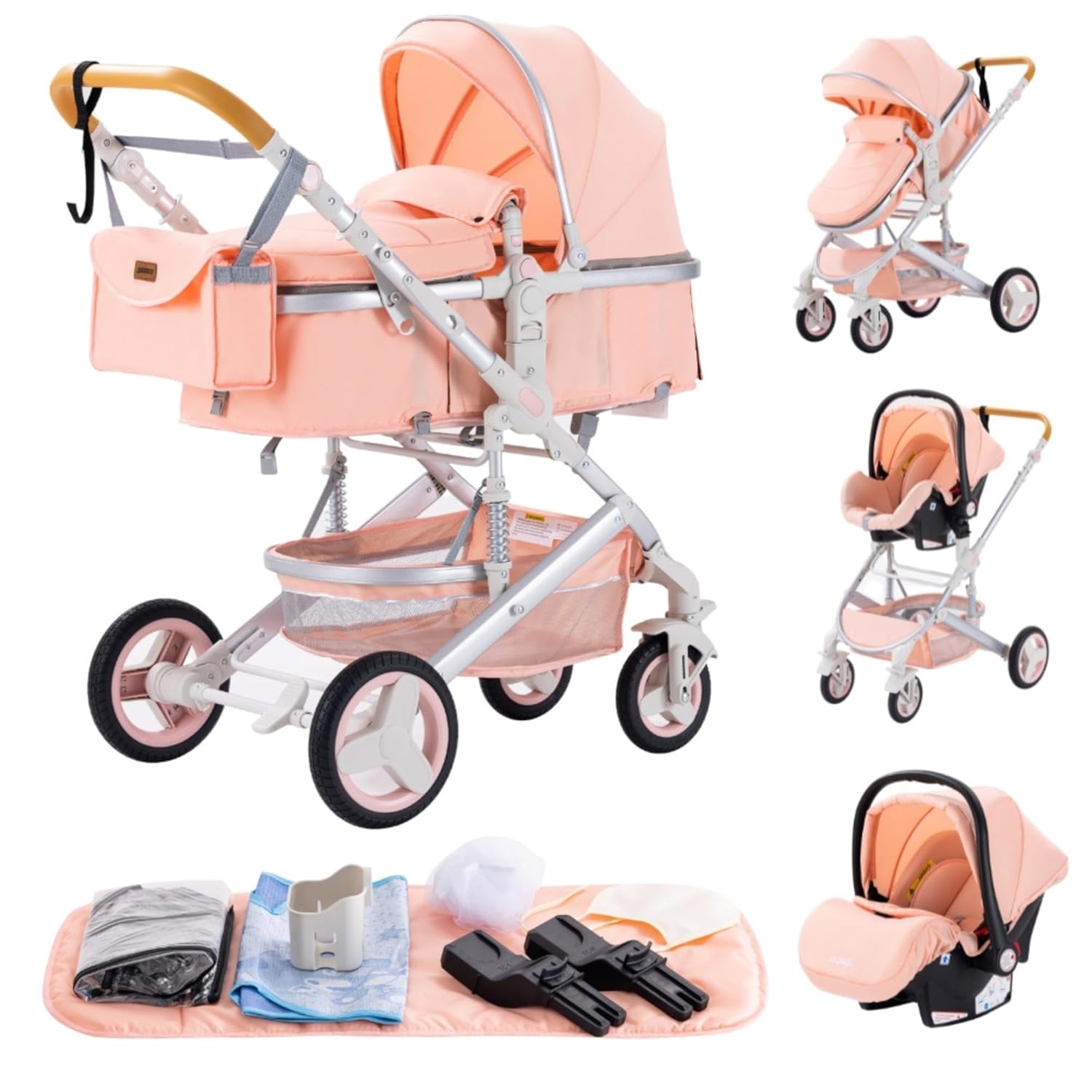 YAZOCO kinderwagen 3 in 1, Zusammenklappbar kinderwagen mit Wickeltasche,Komplettset Becherhalter,Moskitonetz, Fußabdeckung,Sitzzubehör (4 Rosa)