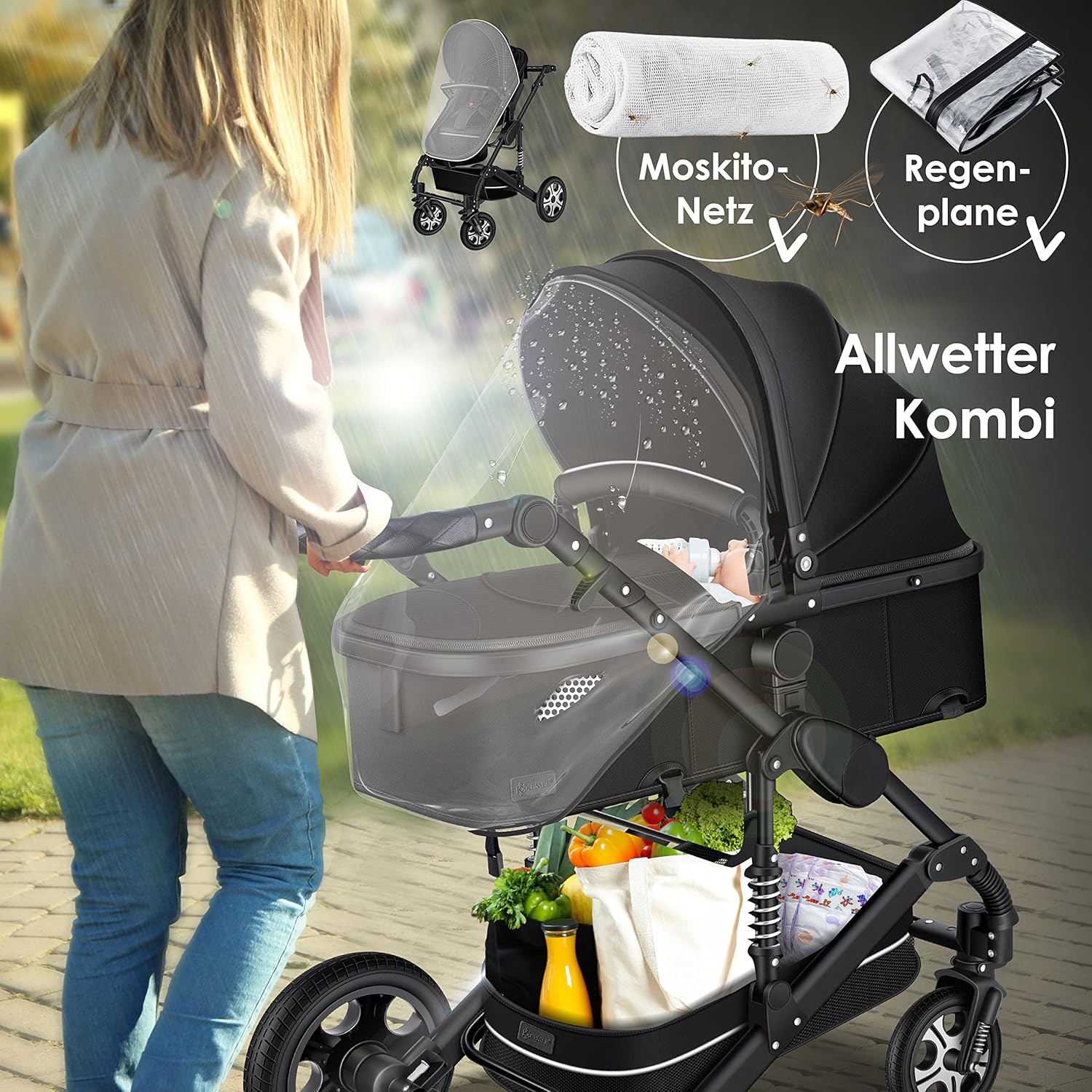 KESSER® Loops 3 in 1 Kinderwagen Kombikinderwagen Komplett-Set inkl. Babywanne & Buggy Sportsitz & Auto-Babyschale Voll-Gummireifen Wickeltasche Regenschutz Kindertisch ECE R129, Schwarz/Champagne