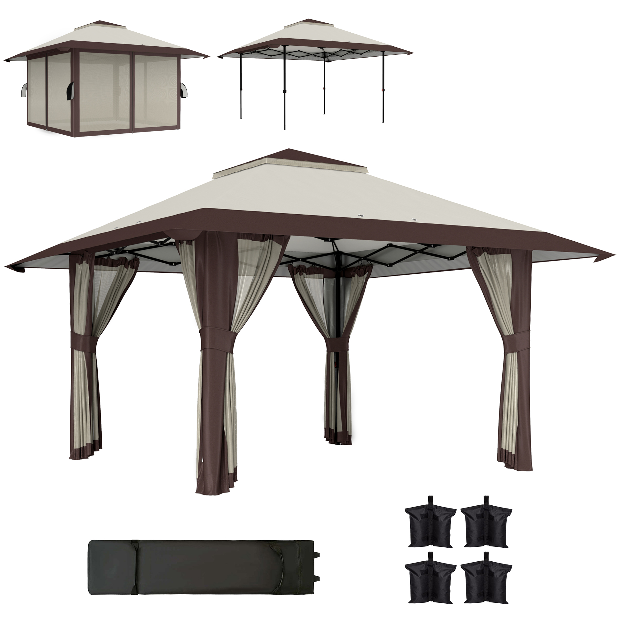 Outsunny 4 x 4 m Tuin Paviljoen, Tuinent met Netwanden, UPF50+ Bescherming, Hoogteverstelbare Partytent, Beige