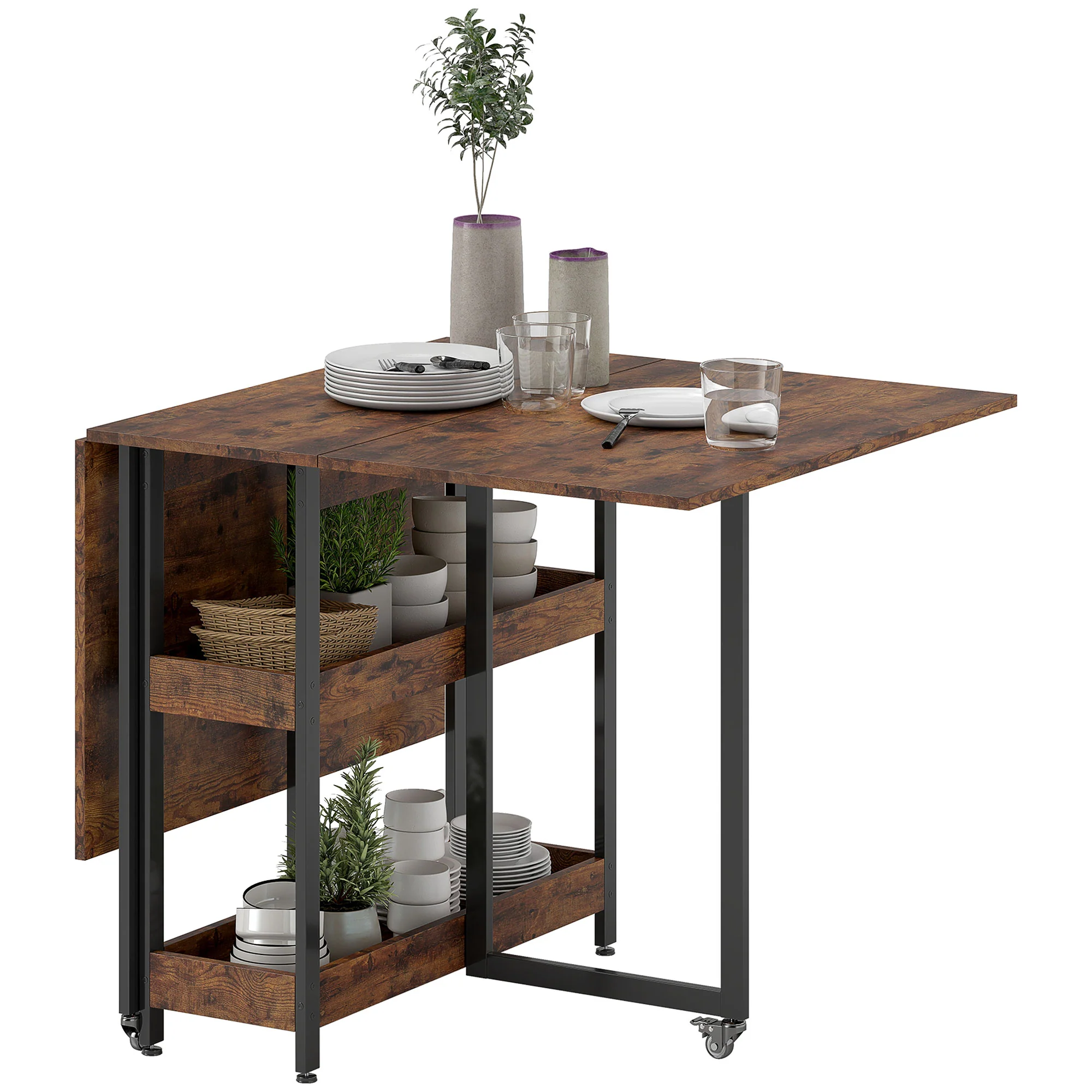 HOMCOM Inklapbare Eettafel in Industrieel Ontwerp, voor tot 4 Personen, Open Schappen, Flexibel, Metaal, Spaanplaat, Bruin